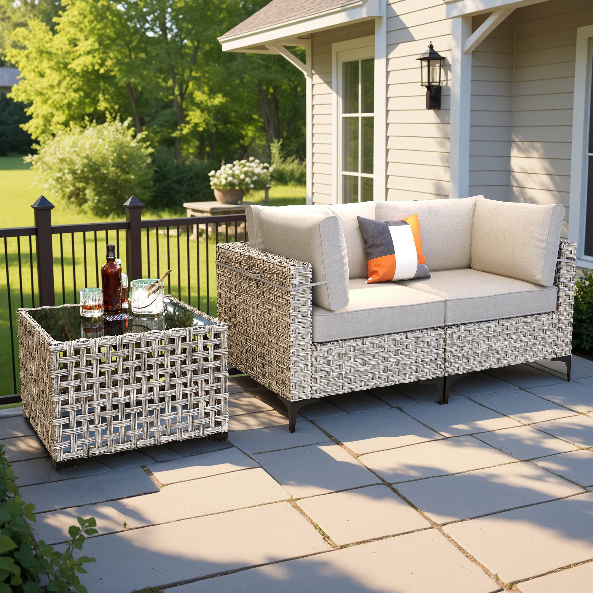 OVIOS Wicker Patio Sectional Conversation Set with Glowing Coffee Table & Single Chairs