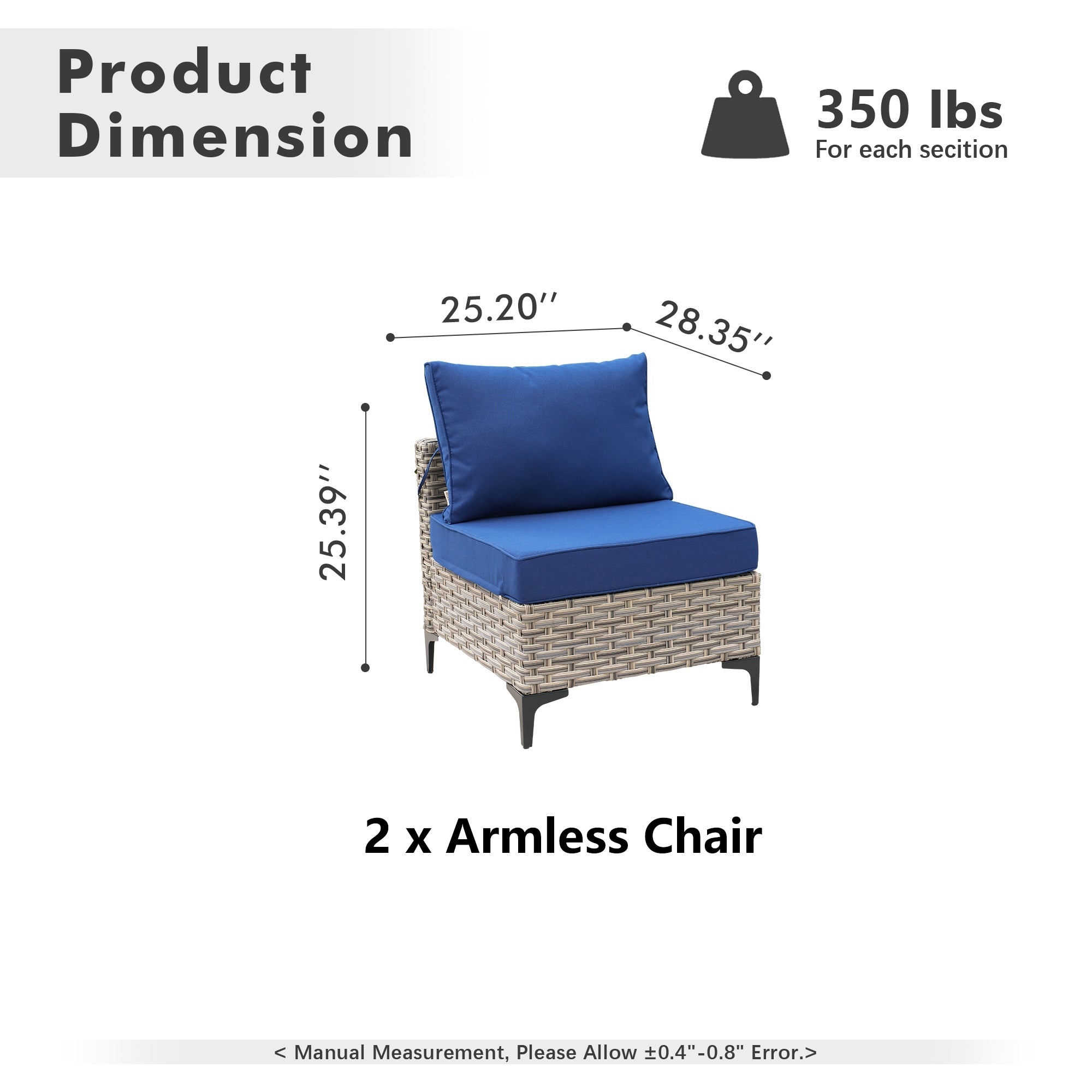 OVIOS wicker patio sectional armless chair: 350 lbs capacity, 25.39"H x 25.20"W x 28.35"D dimensions shown.