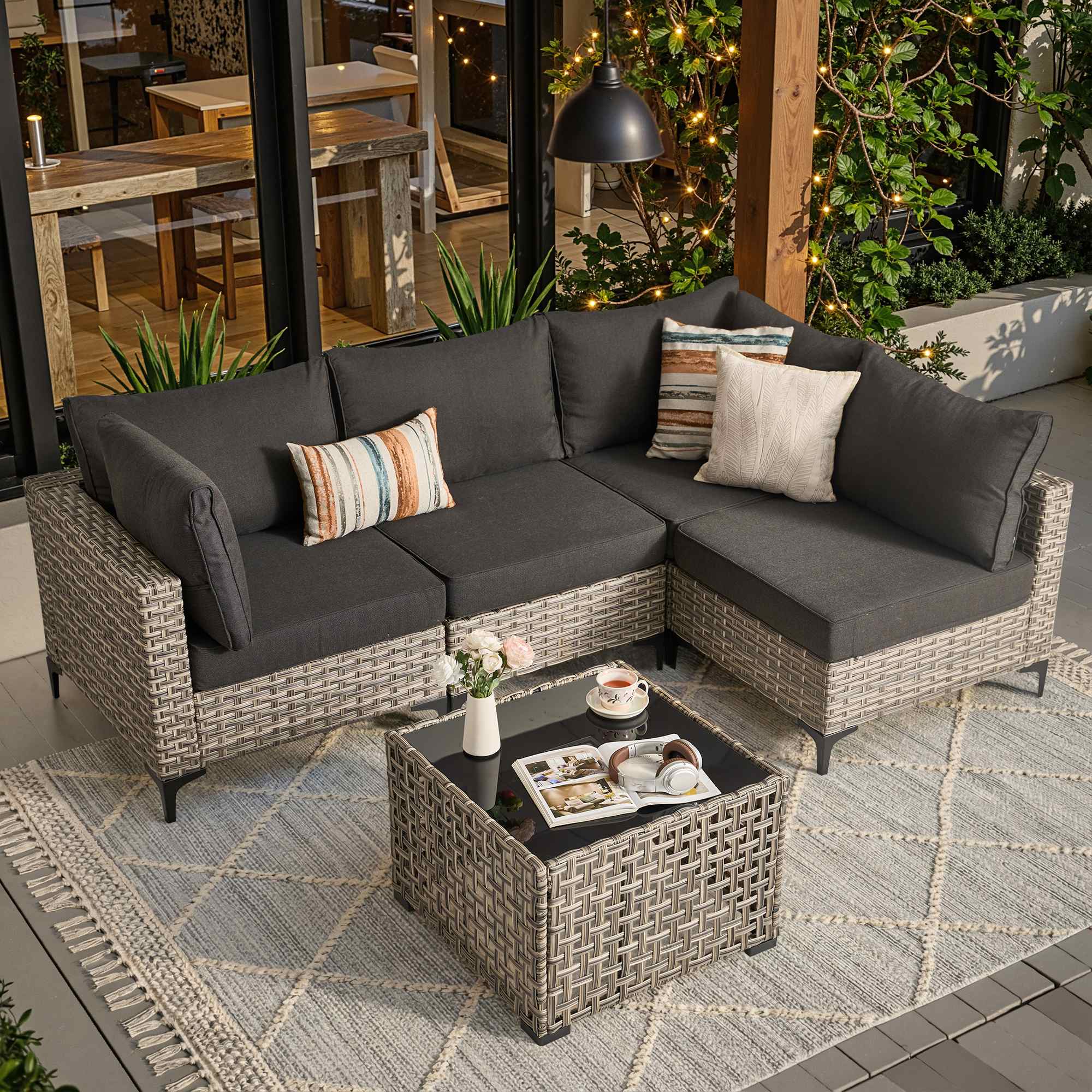 OVIOS Wicker Patio Sectional Conversation Set with Glowing Coffee Table & Single Chairs