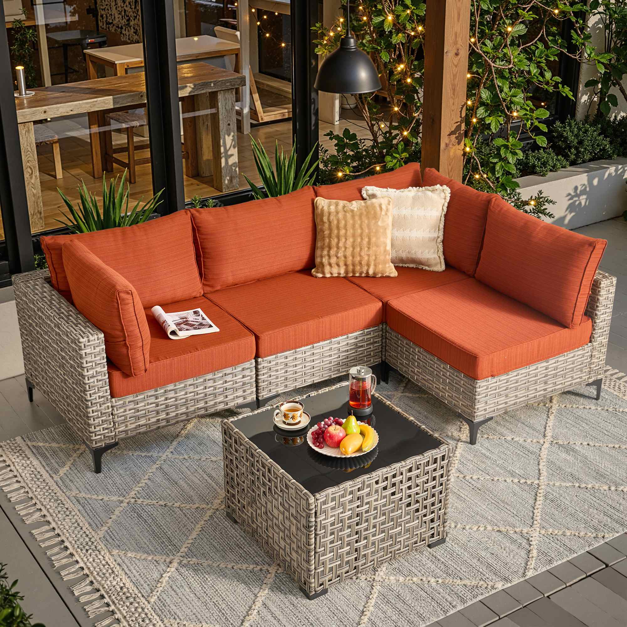 OVIOS Wicker Patio Sectional Conversation Set with Glowing Coffee Table & Single Chairs