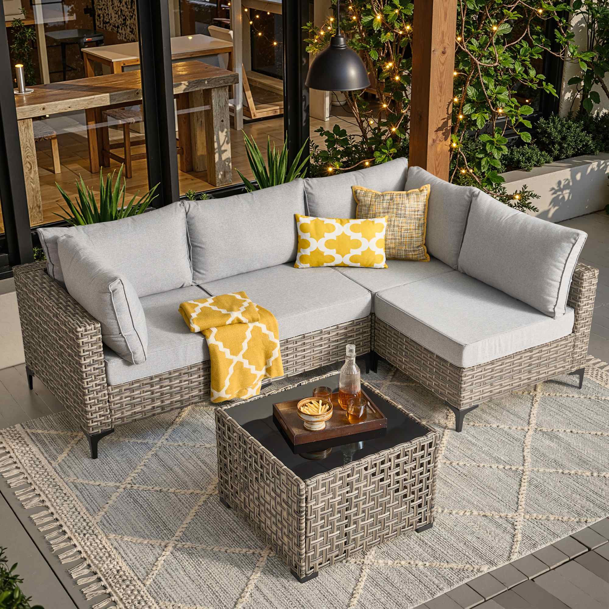 OVIOS Wicker Patio Sectional Conversation Set with Glowing Coffee Table & Single Chairs