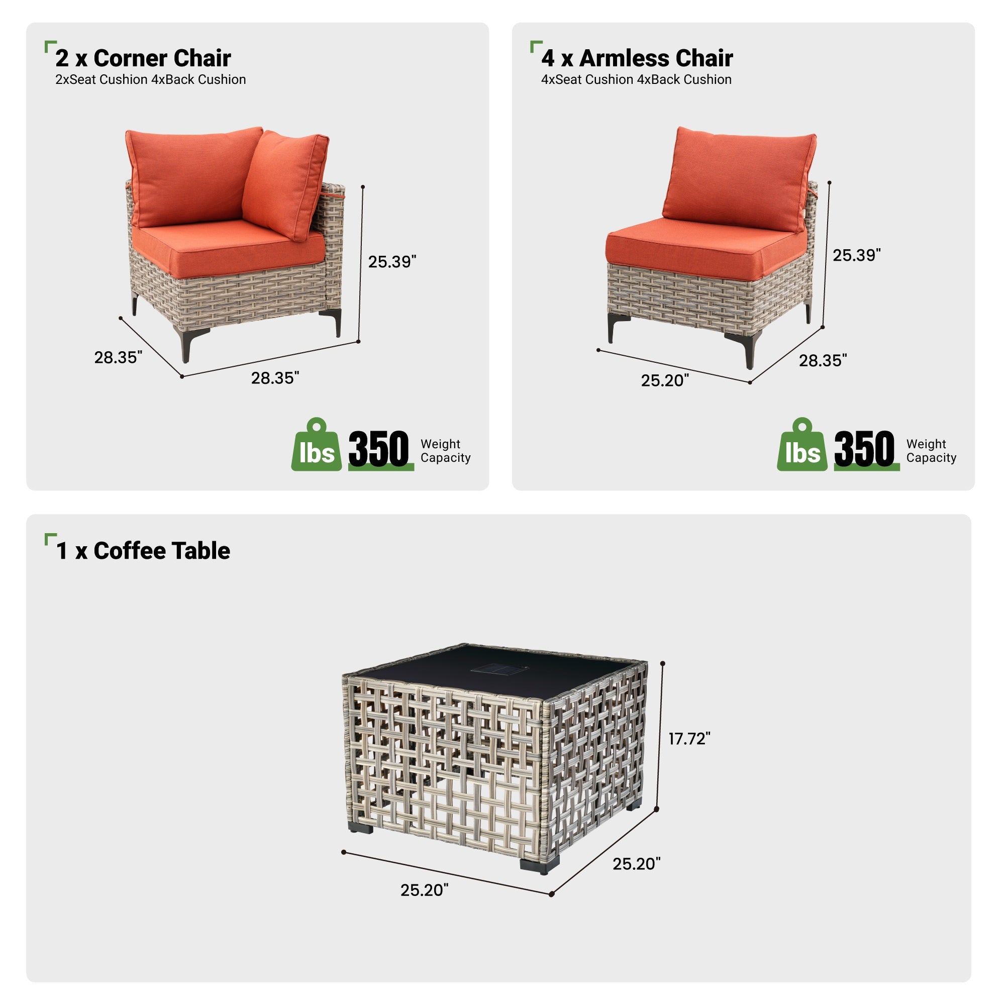 OVIOS Wicker Patio Sectional Conversation Set with Glowing Coffee Table & Single Chairs