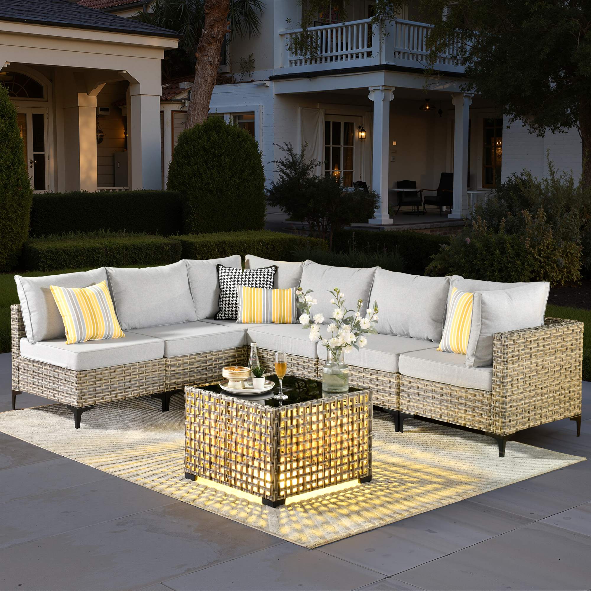 OVIOS Wicker Patio Sectional Conversation Set with Glowing Coffee Table & Single Chairs