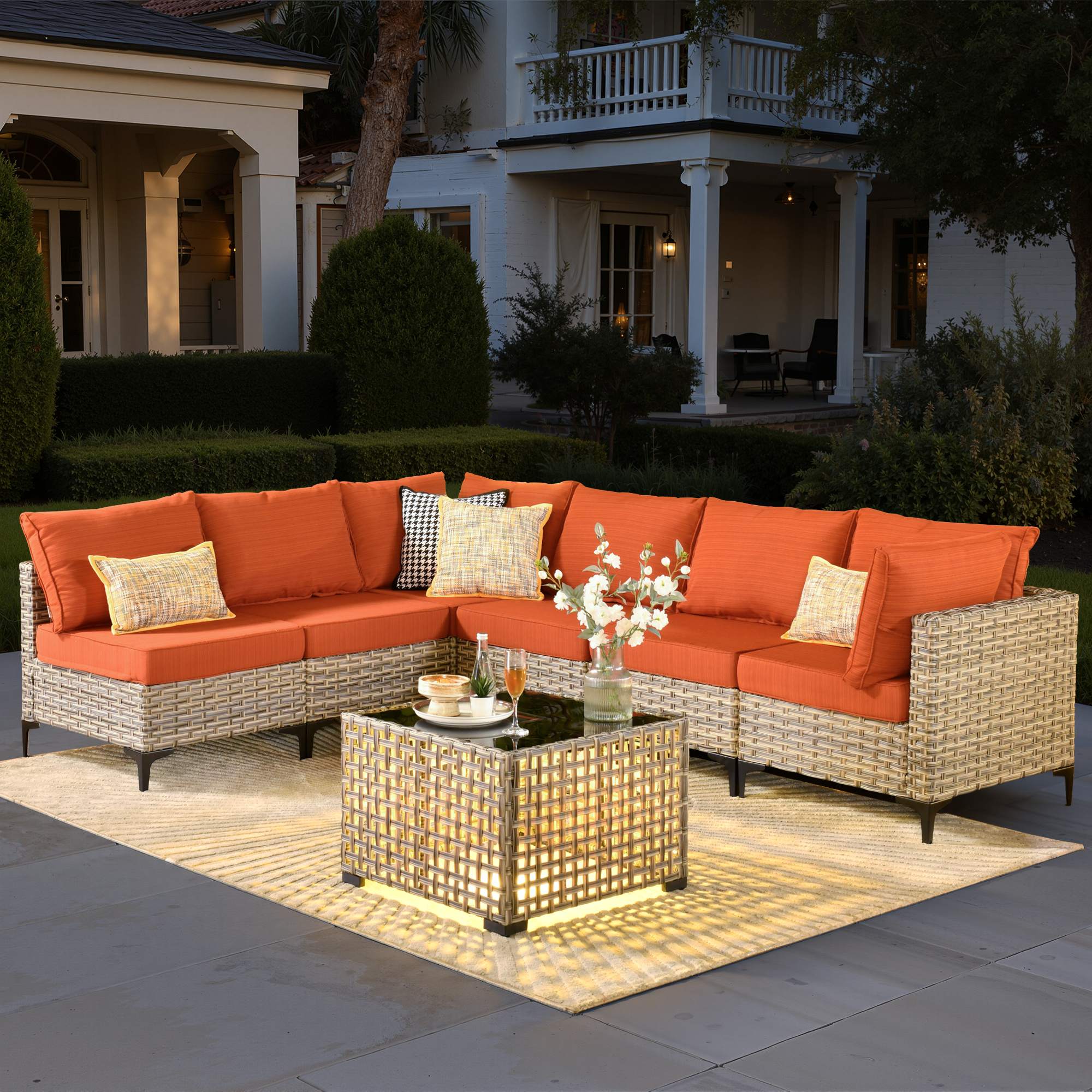 OVIOS Wicker Patio Sectional Conversation Set with Glowing Coffee Table & Single Chairs