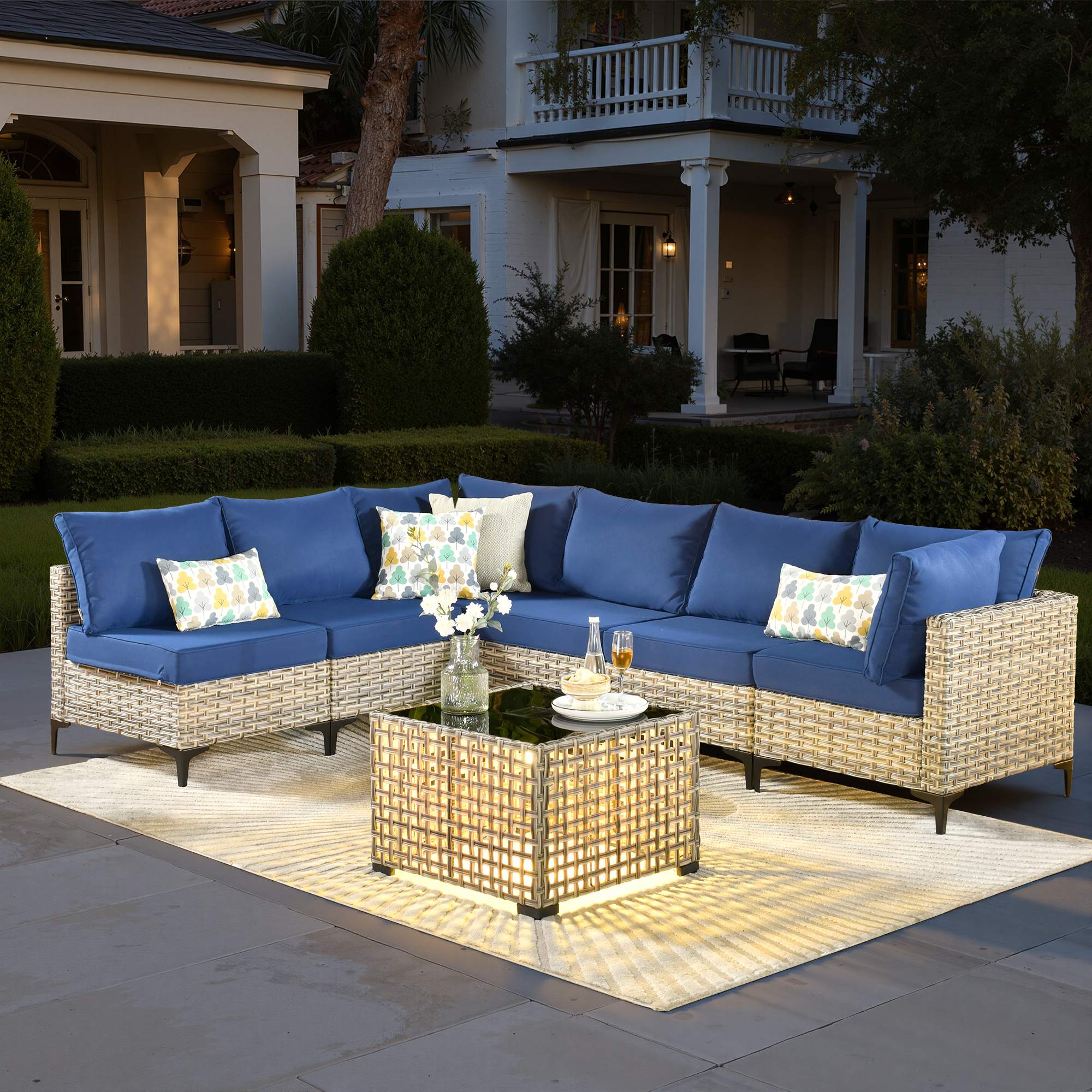 OVIOS Wicker Patio Sectional Conversation Set with Glowing Coffee Table & Single Chairs