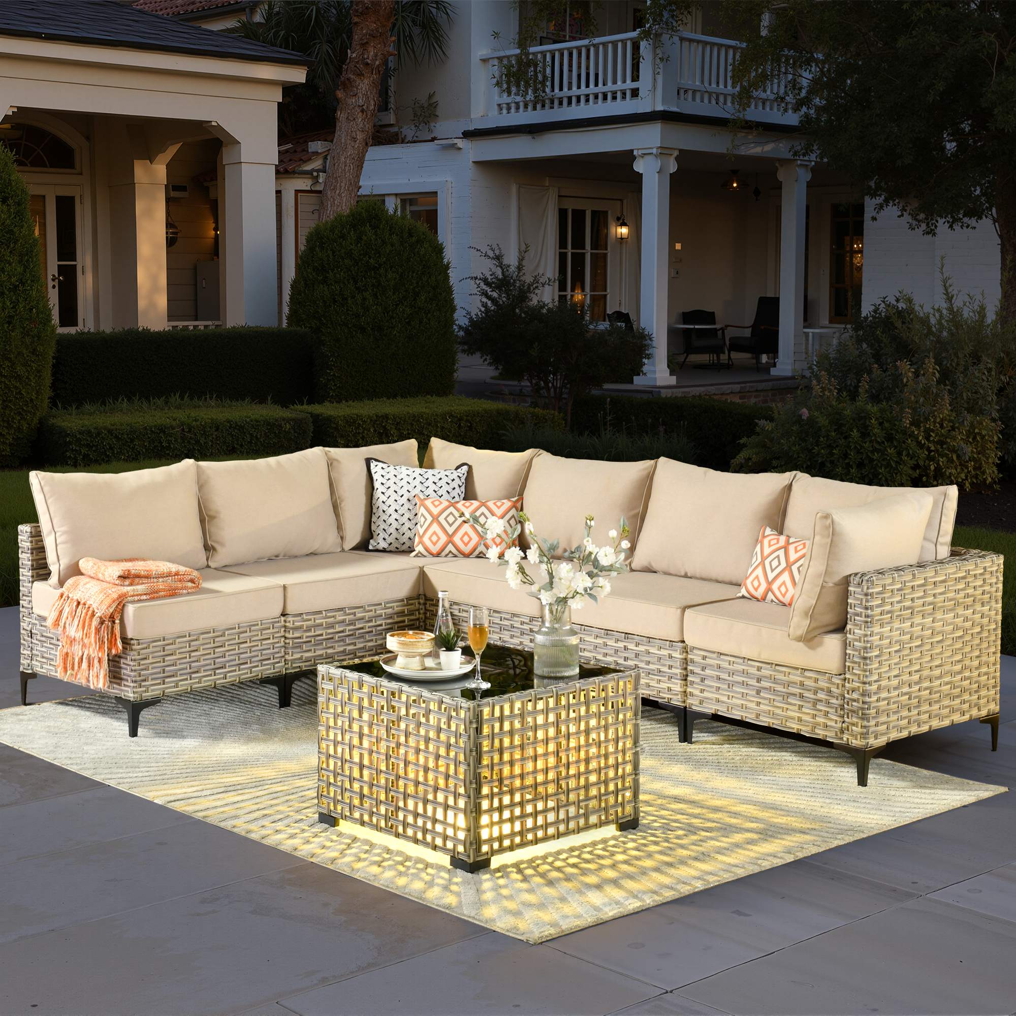 OVIOS Wicker Patio Sectional Conversation Set with Glowing Coffee Table & Single Chairs