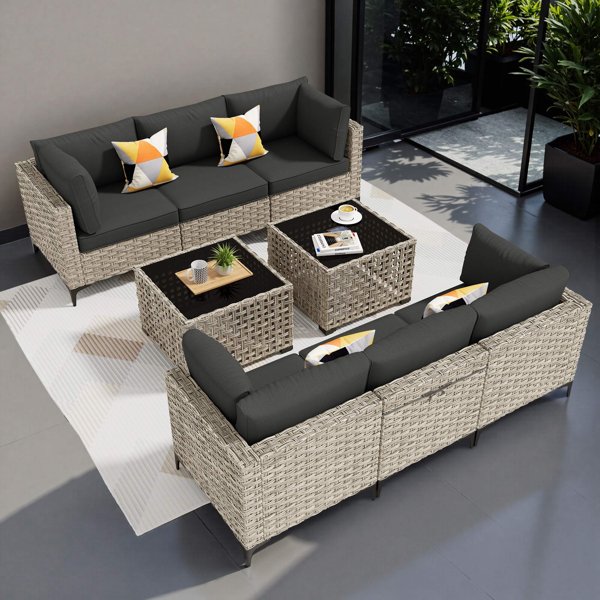 OVIOS Wicker Patio Sectional Conversation Set with Glowing Coffee Table & Single Chairs