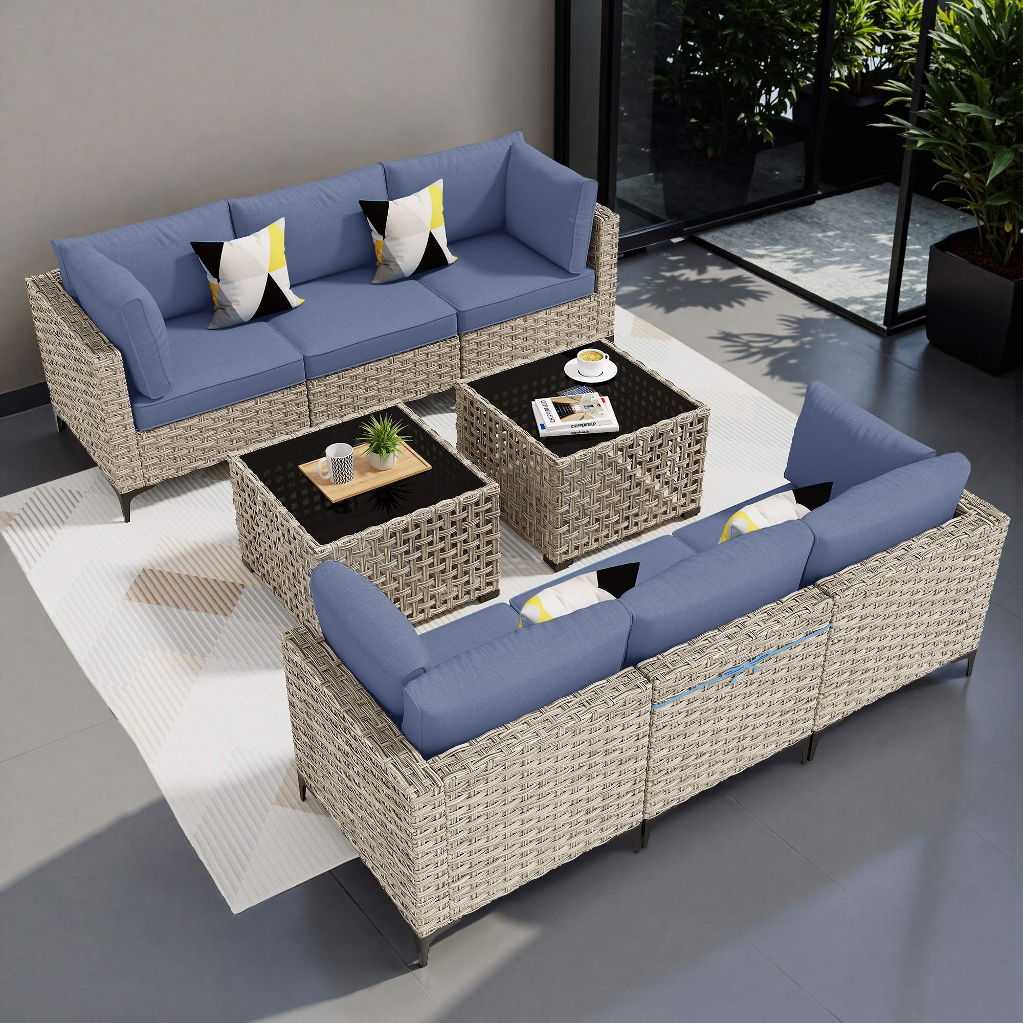 OVIOS Wicker Patio Sectional Conversation Set with Glowing Coffee Table & Single Chairs
