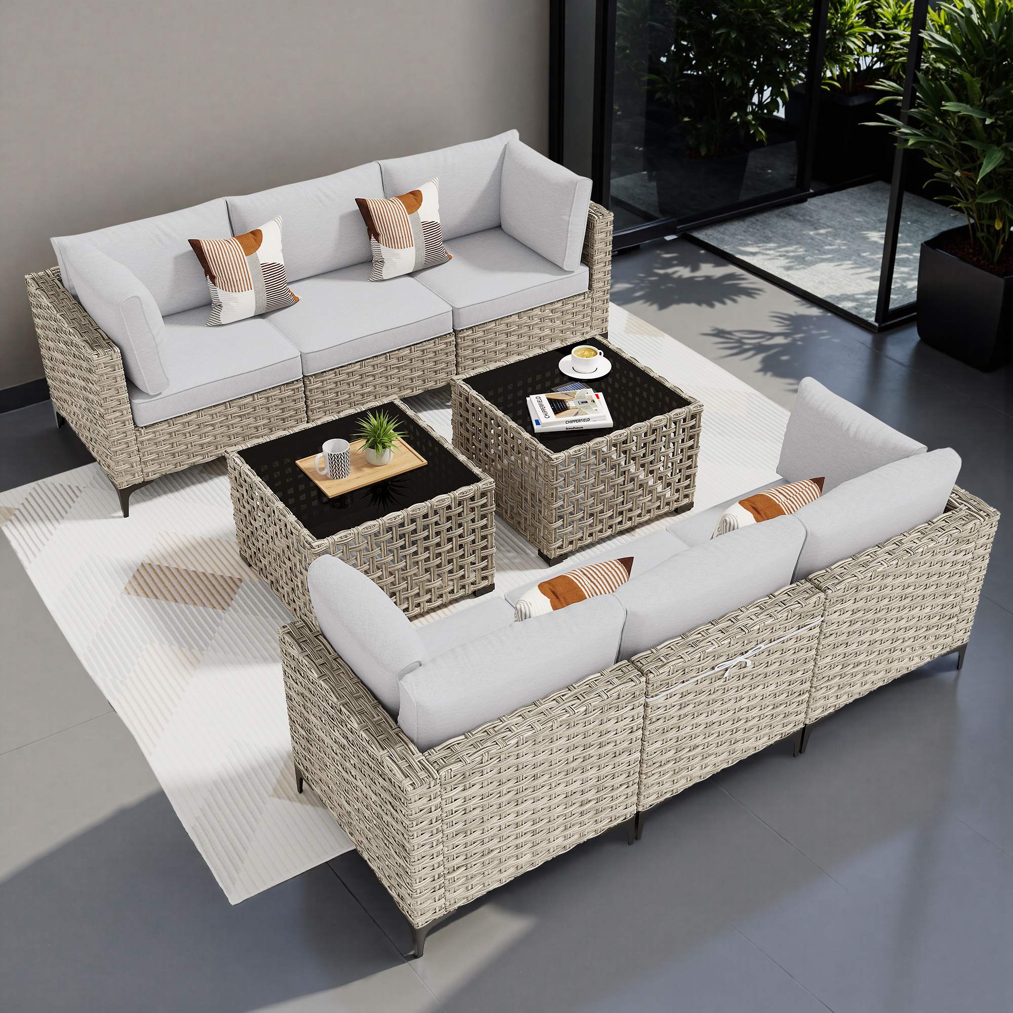 OVIOS Wicker Patio Sectional Conversation Set with Glowing Coffee Table & Single Chairs