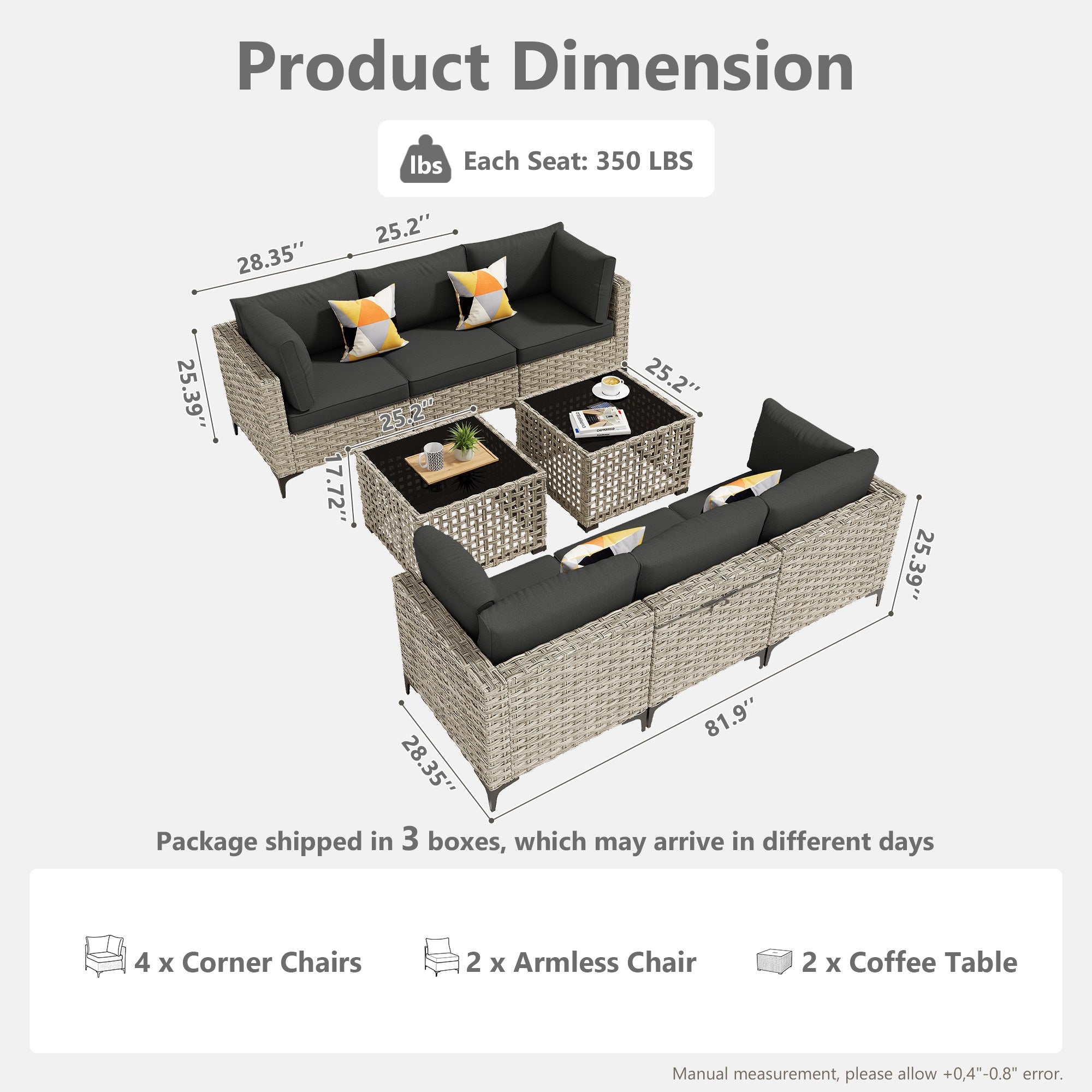 OVIOS Wicker Patio Sectional Conversation Set with Glowing Coffee Table & Single Chairs