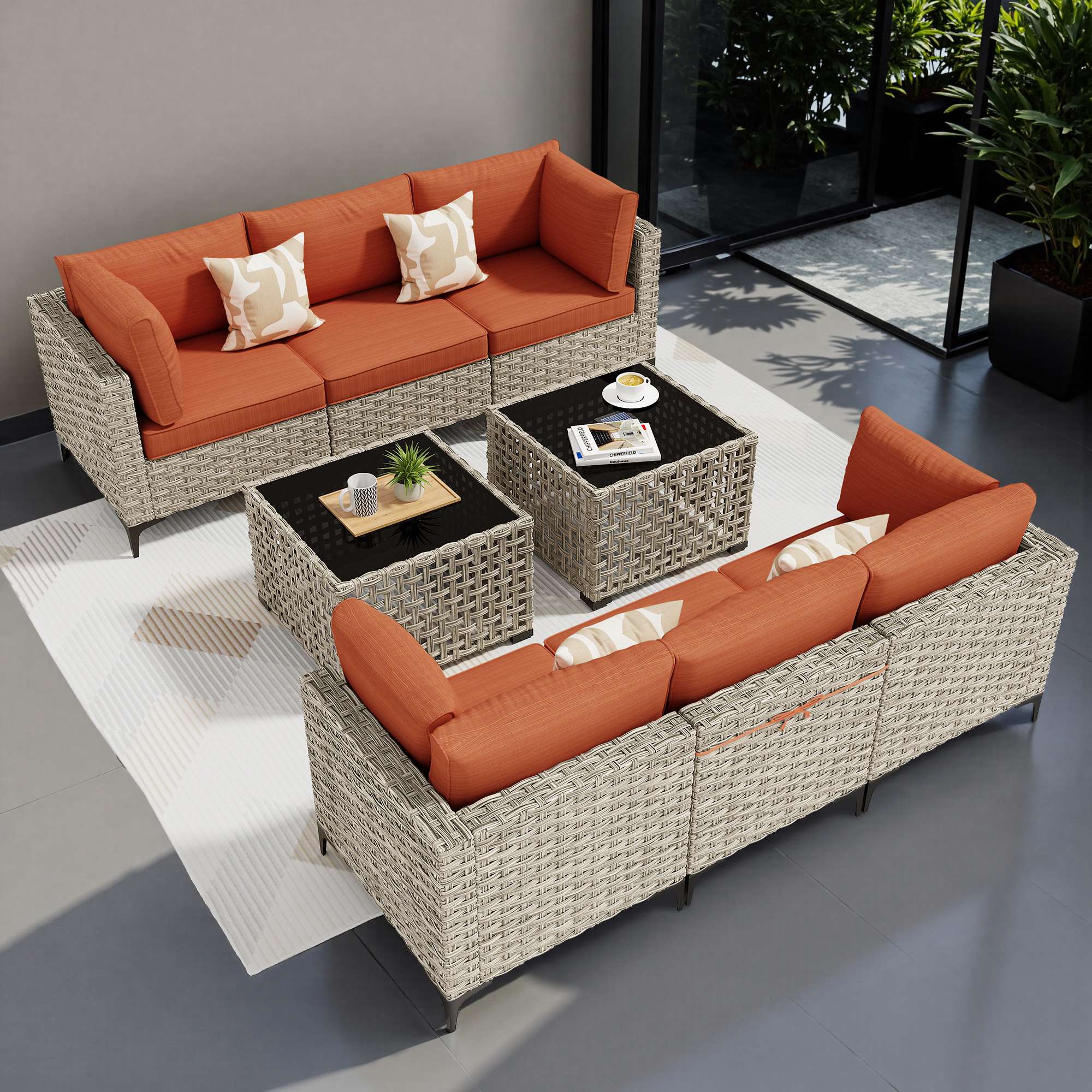 OVIOS Wicker Patio Sectional Conversation Set with Glowing Coffee Table & Single Chairs