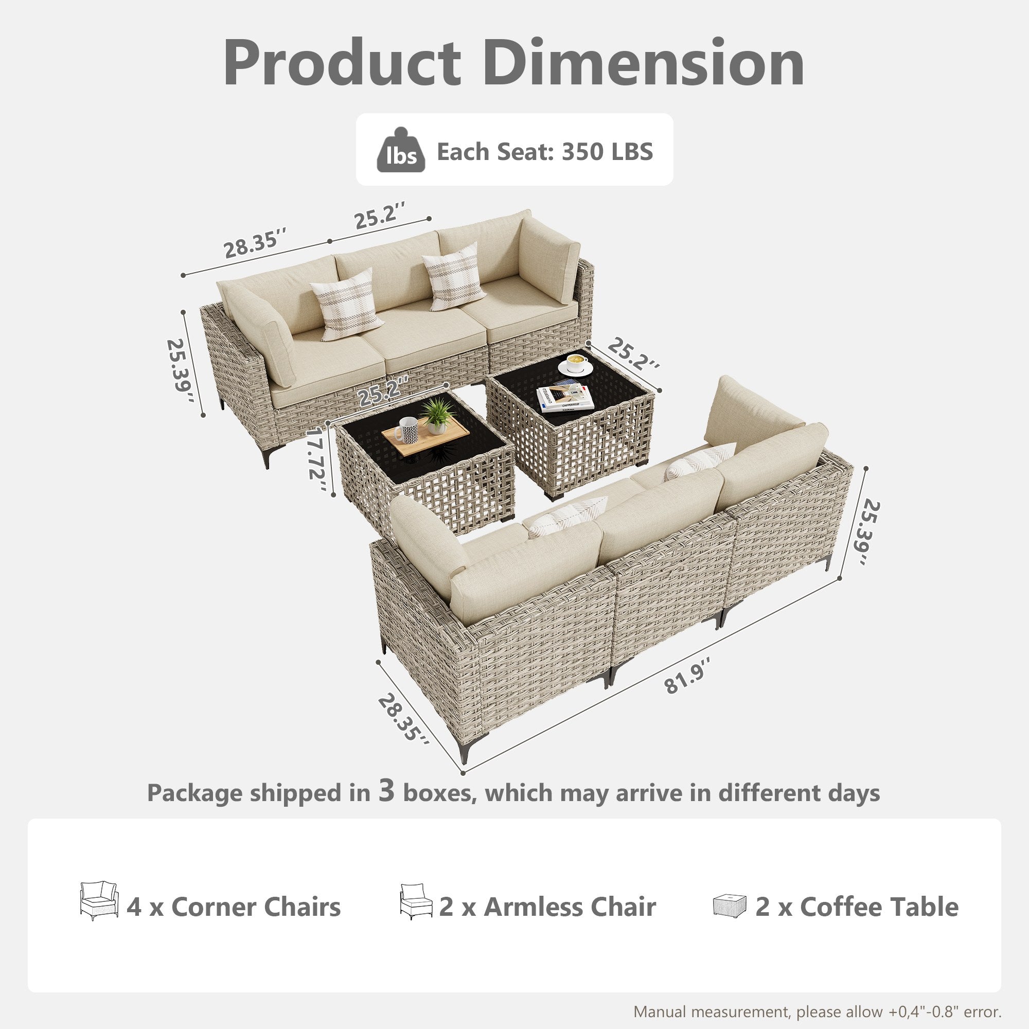 OVIOS Wicker Patio Sectional Conversation Set with Glowing Coffee Table & Single Chairs