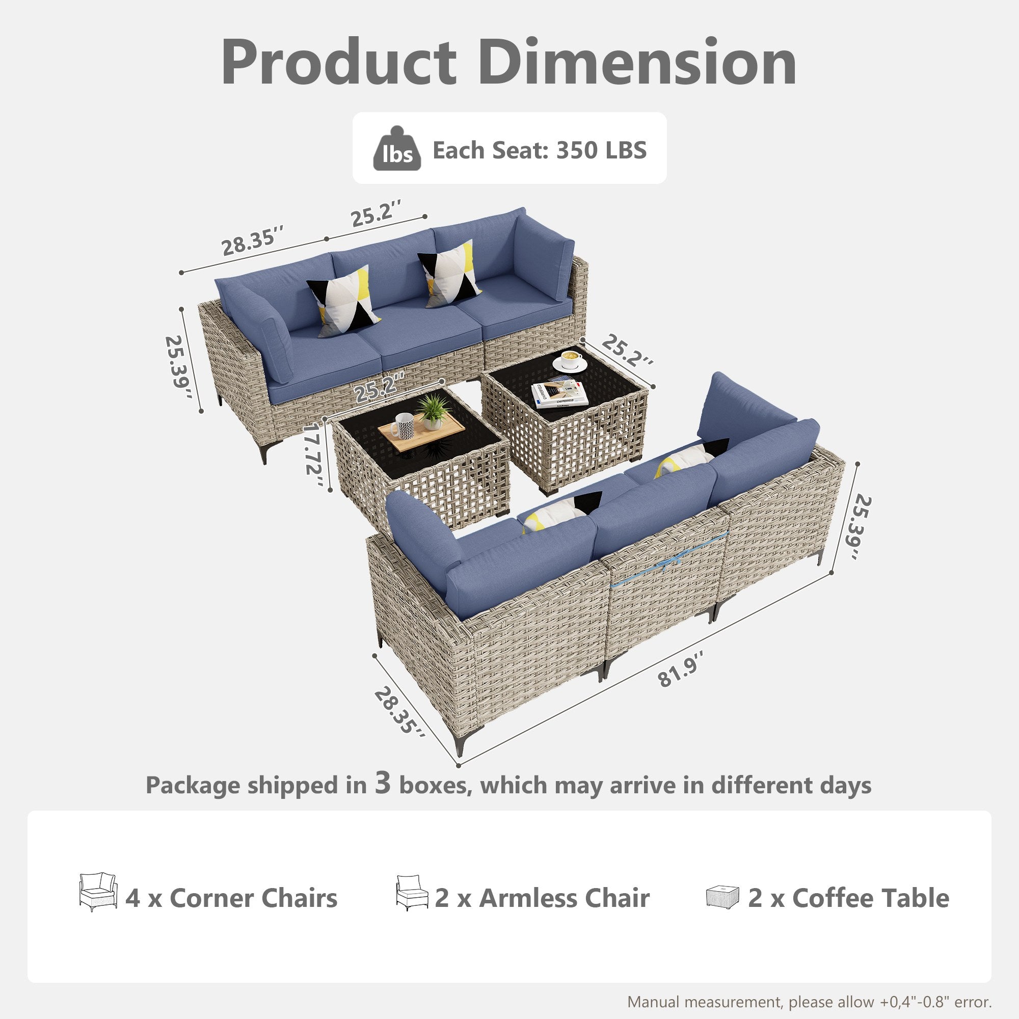 OVIOS Wicker Patio Sectional Conversation Set with Glowing Coffee Table & Single Chairs