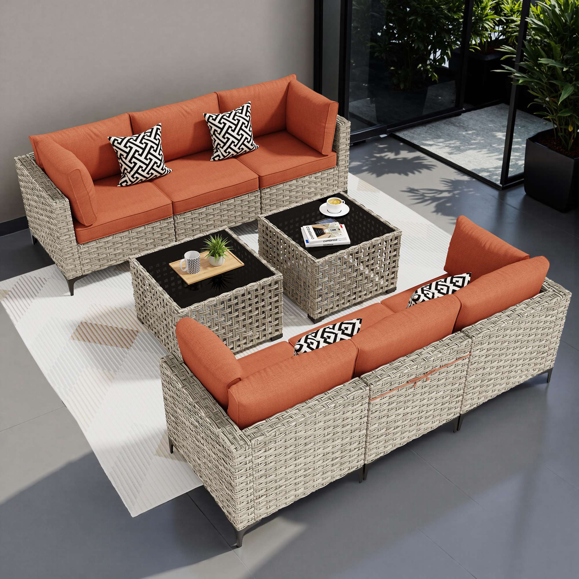 OVIOS Wicker Patio Sectional Conversation Set with Glowing Coffee Table & Single Chairs