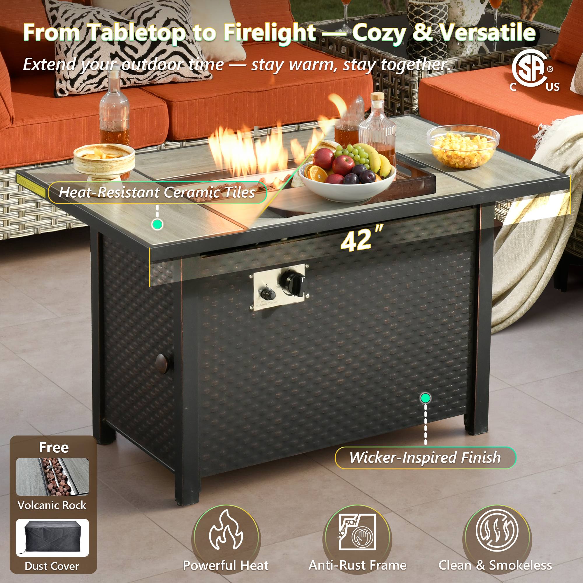 OVIOS 42" wicker patio conversation set w/ fire pit table, heat-resistant ceramic tiles, modular seating.