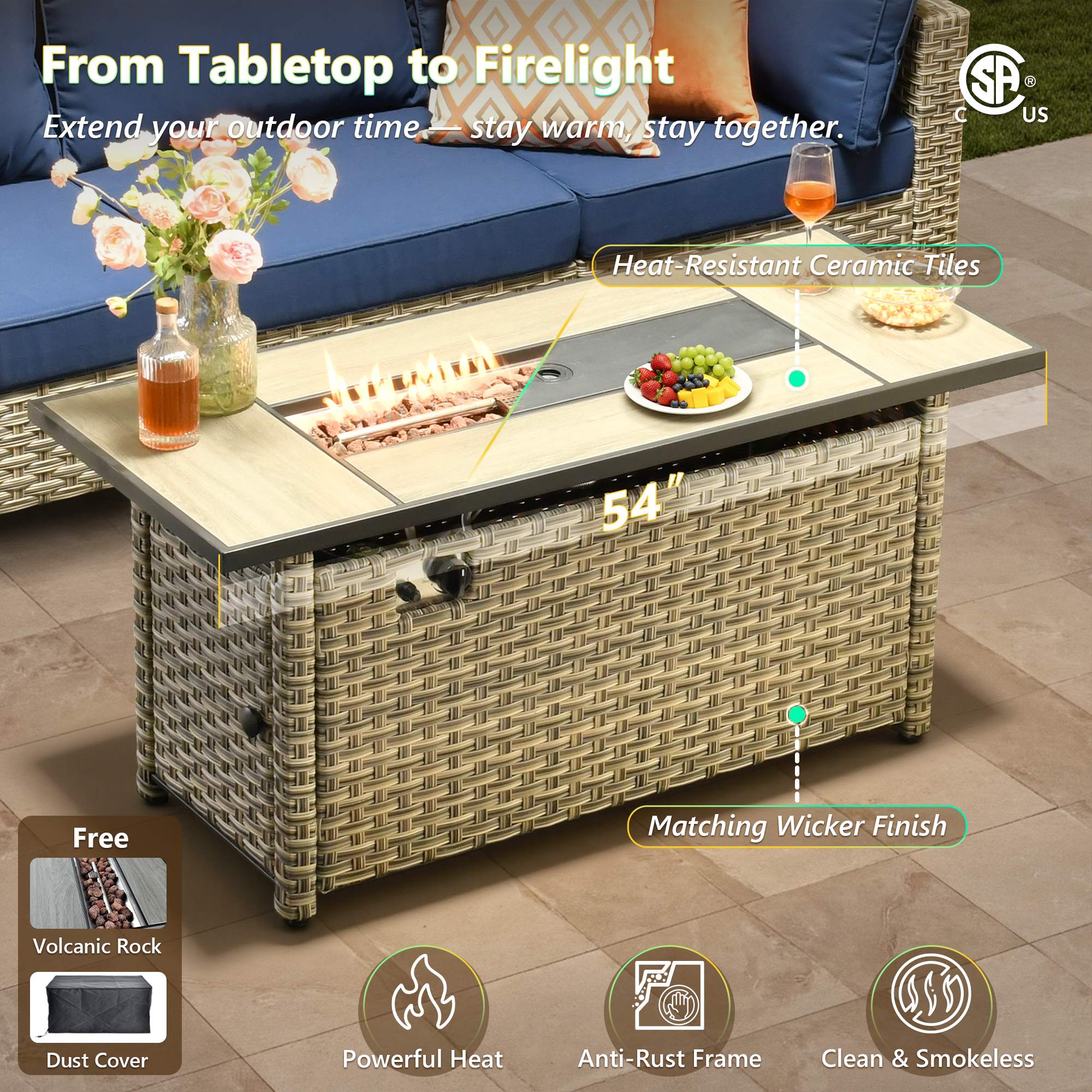 OVIOS wicker patio conversation set with 54-inch fire pit table