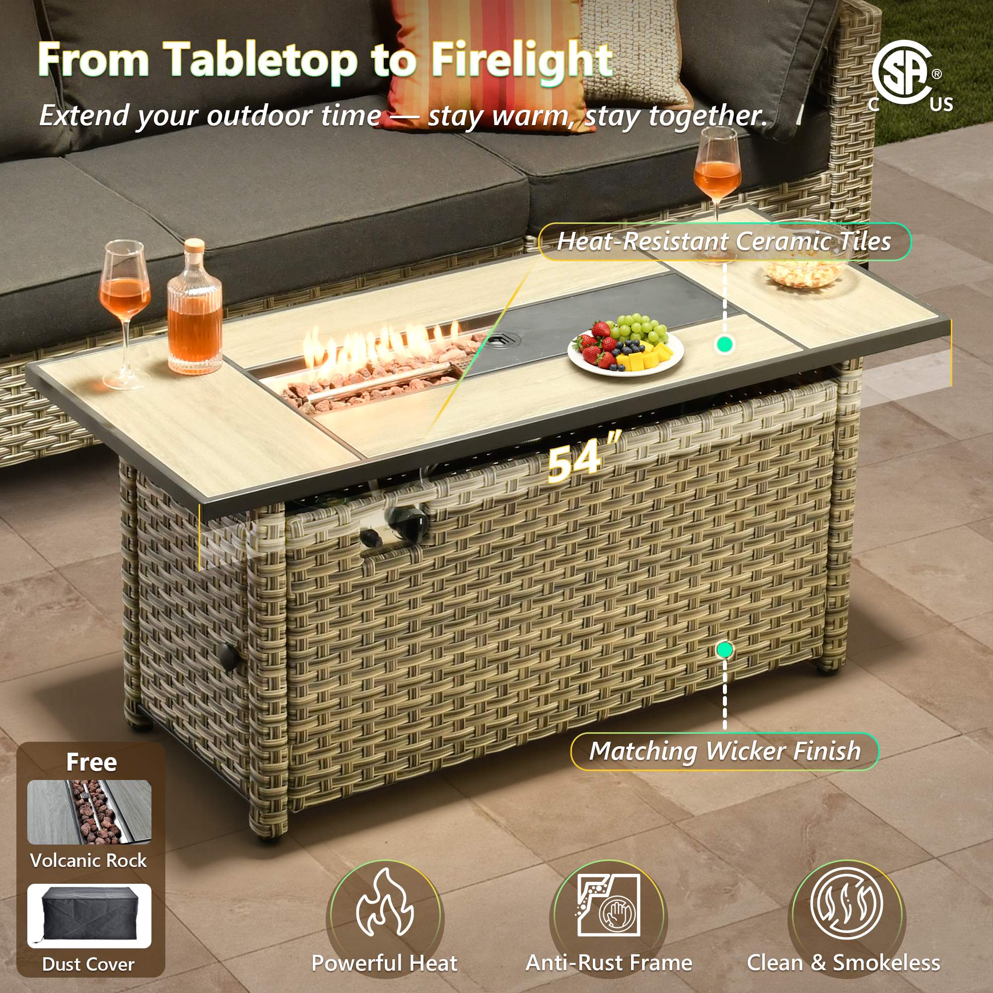 OVIOS wicker patio conversation set with 54" fire pit table, heat-resistant ceramic tiles, and matching wicker finish.