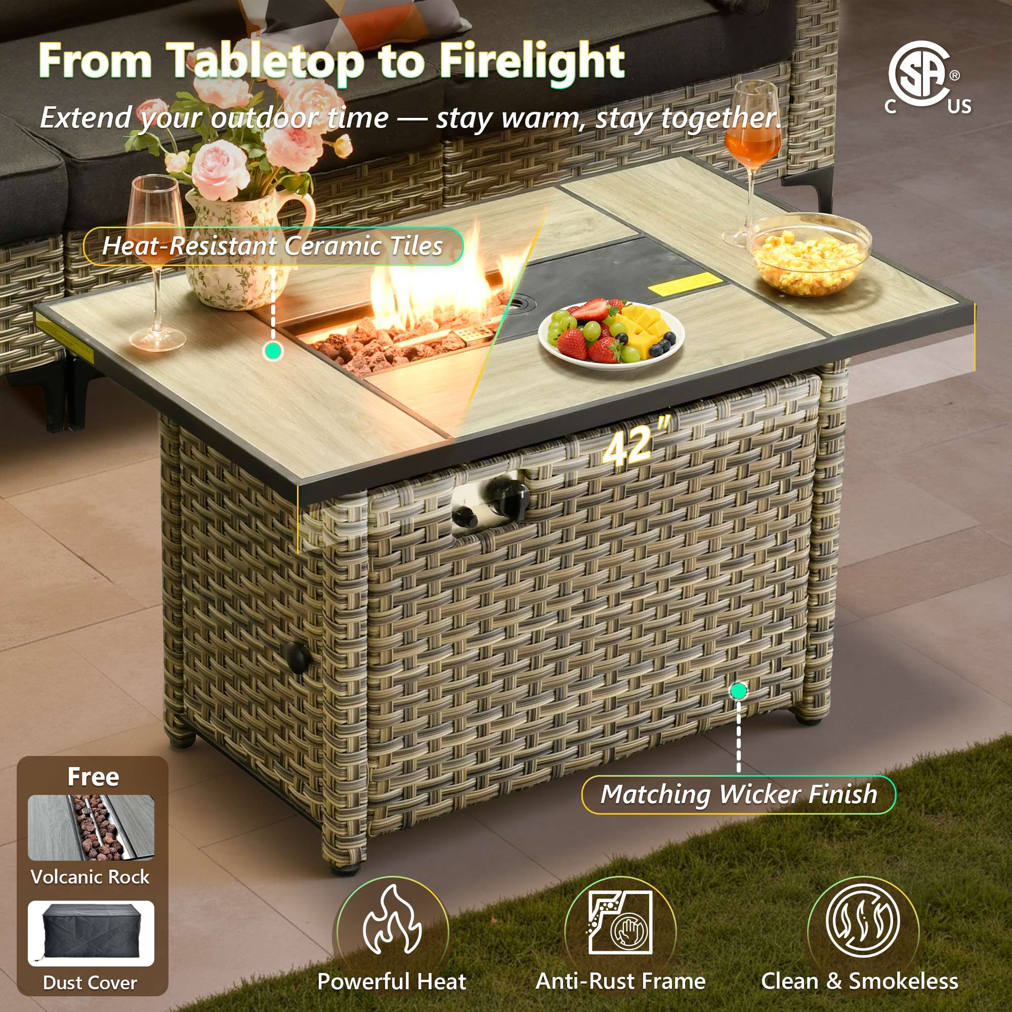 OVIOS Modular Wicker Patio Furniture Set with Fire Pit Table & Coffee Table