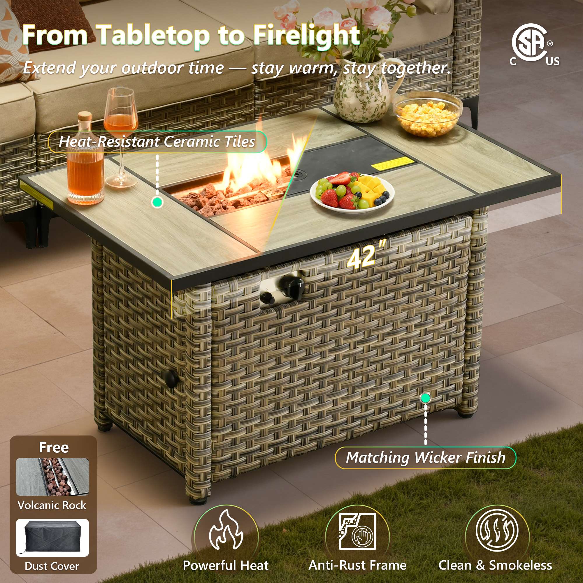OVIOS modular wicker patio set: 42" fire pit & coffee table.