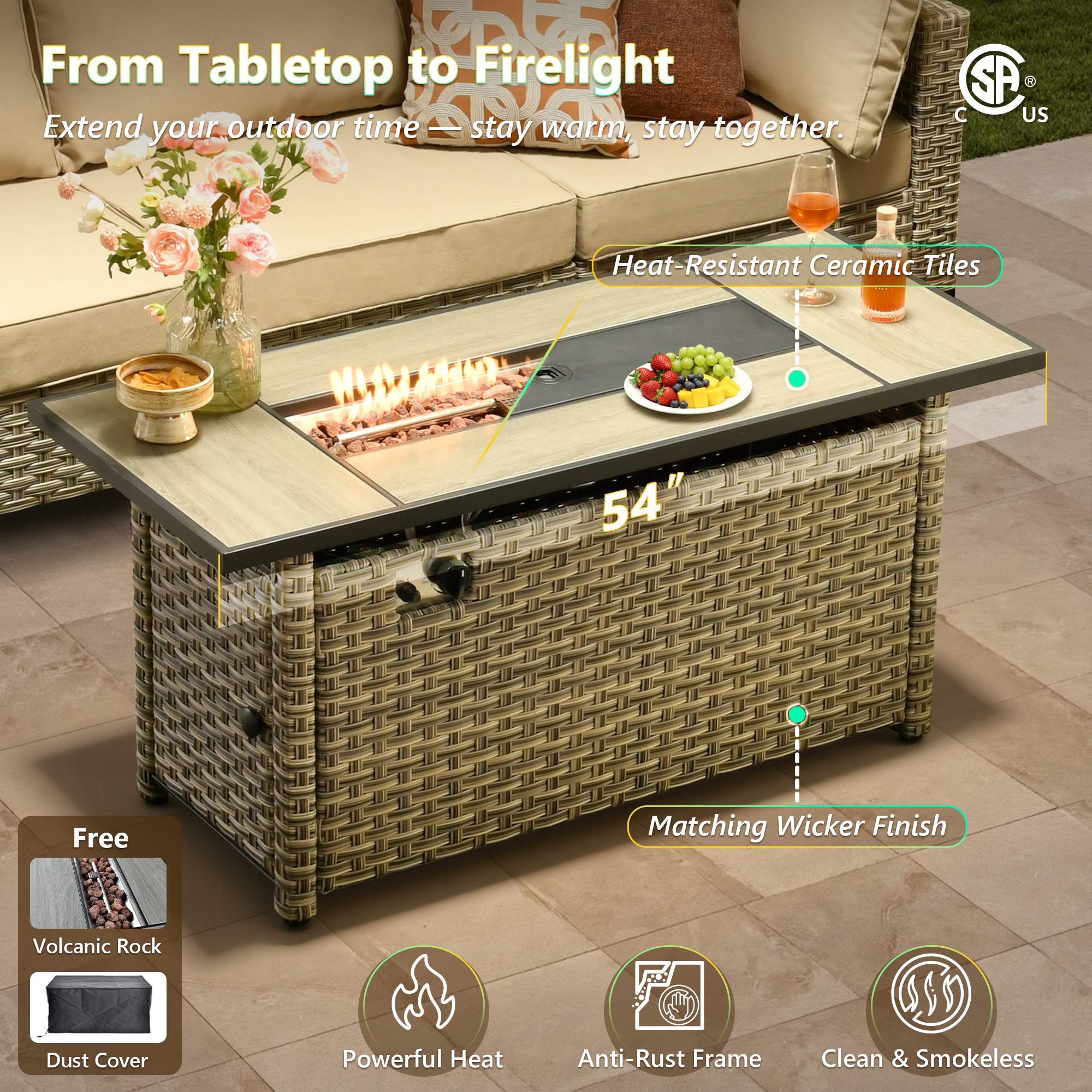 OVIOS 54 inch wicker patio conversation set fire pit table with ceramic tile top & flames.
