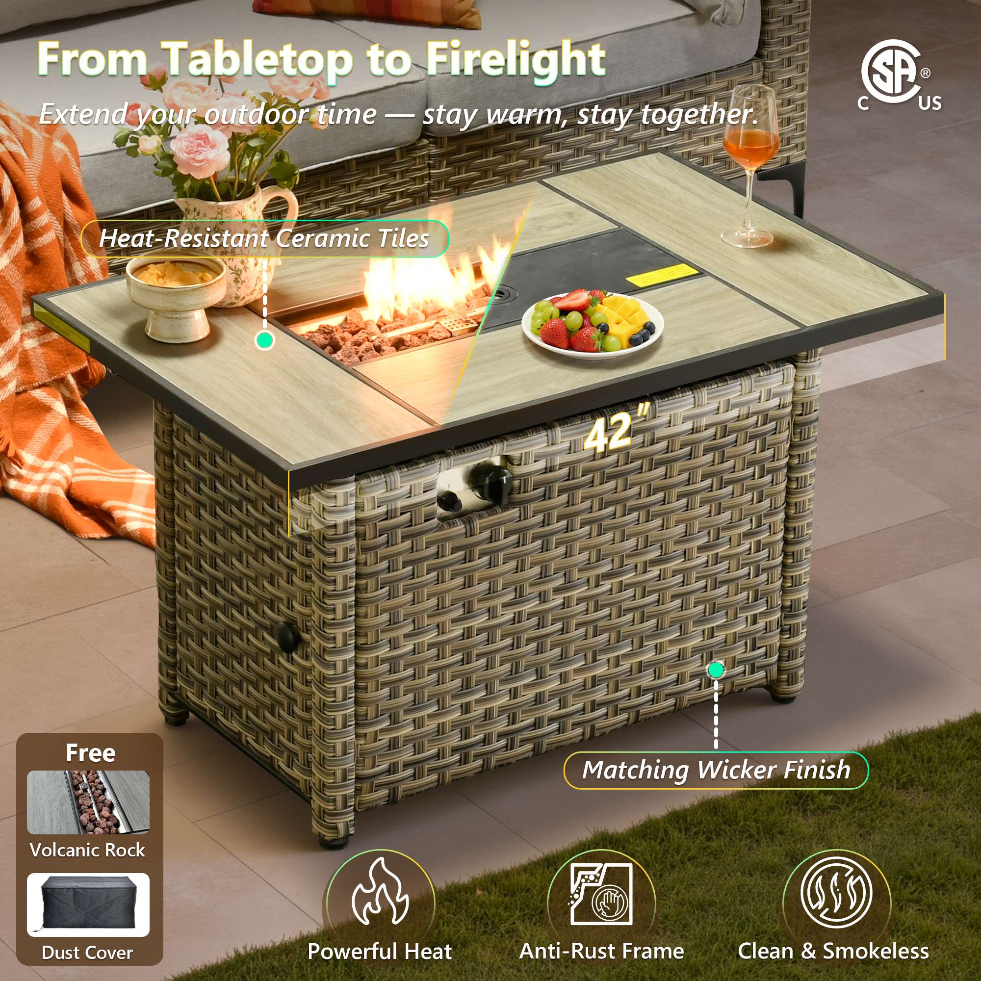 OVIOS 42-inch modular wicker patio fire pit table with ceramic tile surface.