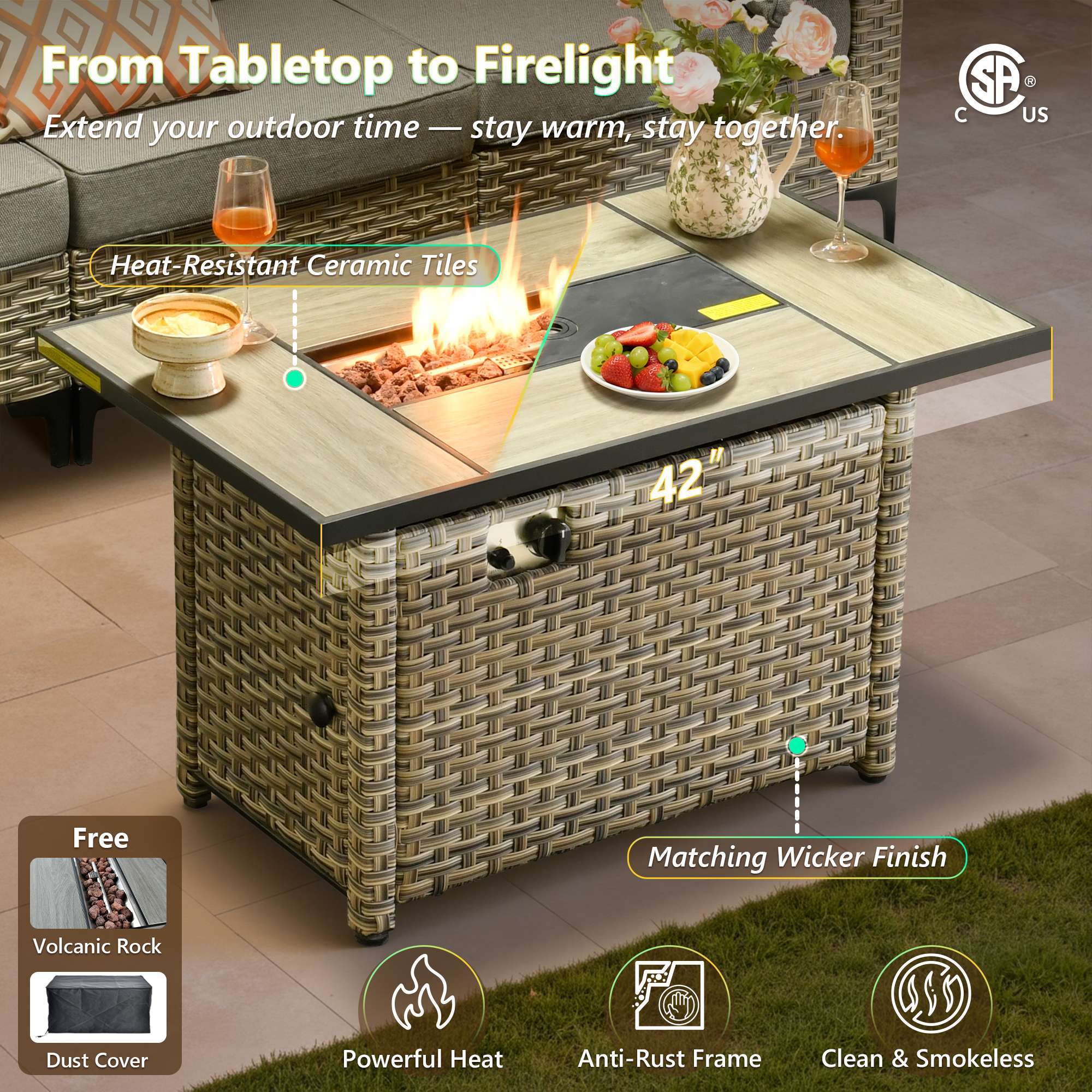 OVIOS Wicker Patio Conversation Set with Fire Pit Table