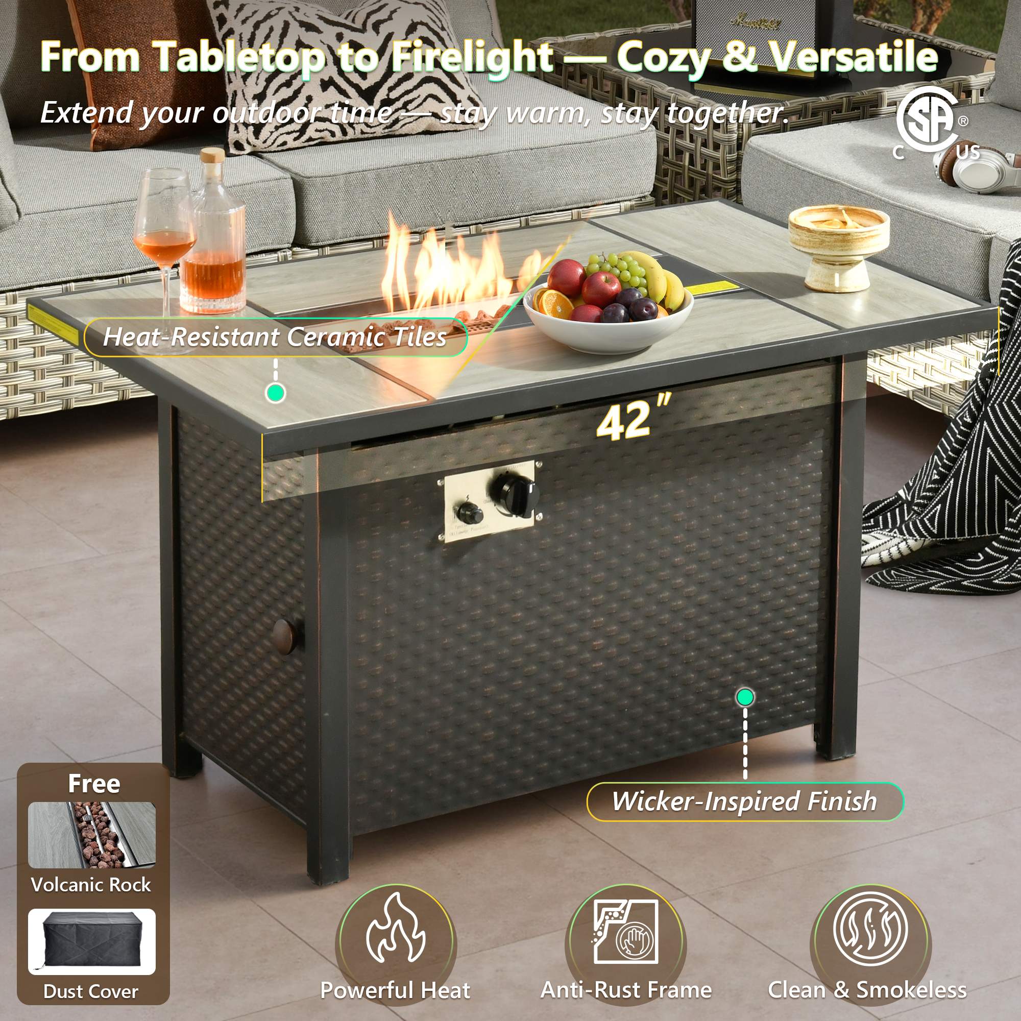 OVIOS 42" outdoor wicker patio fire pit table with ceramic tile top and flames.