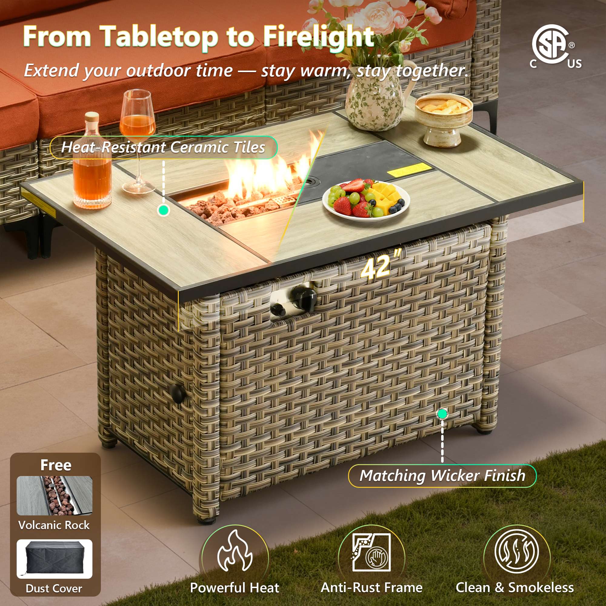 OVIOS 42" wicker patio conversation set with fire pit table, heat-resistant ceramic tiles.