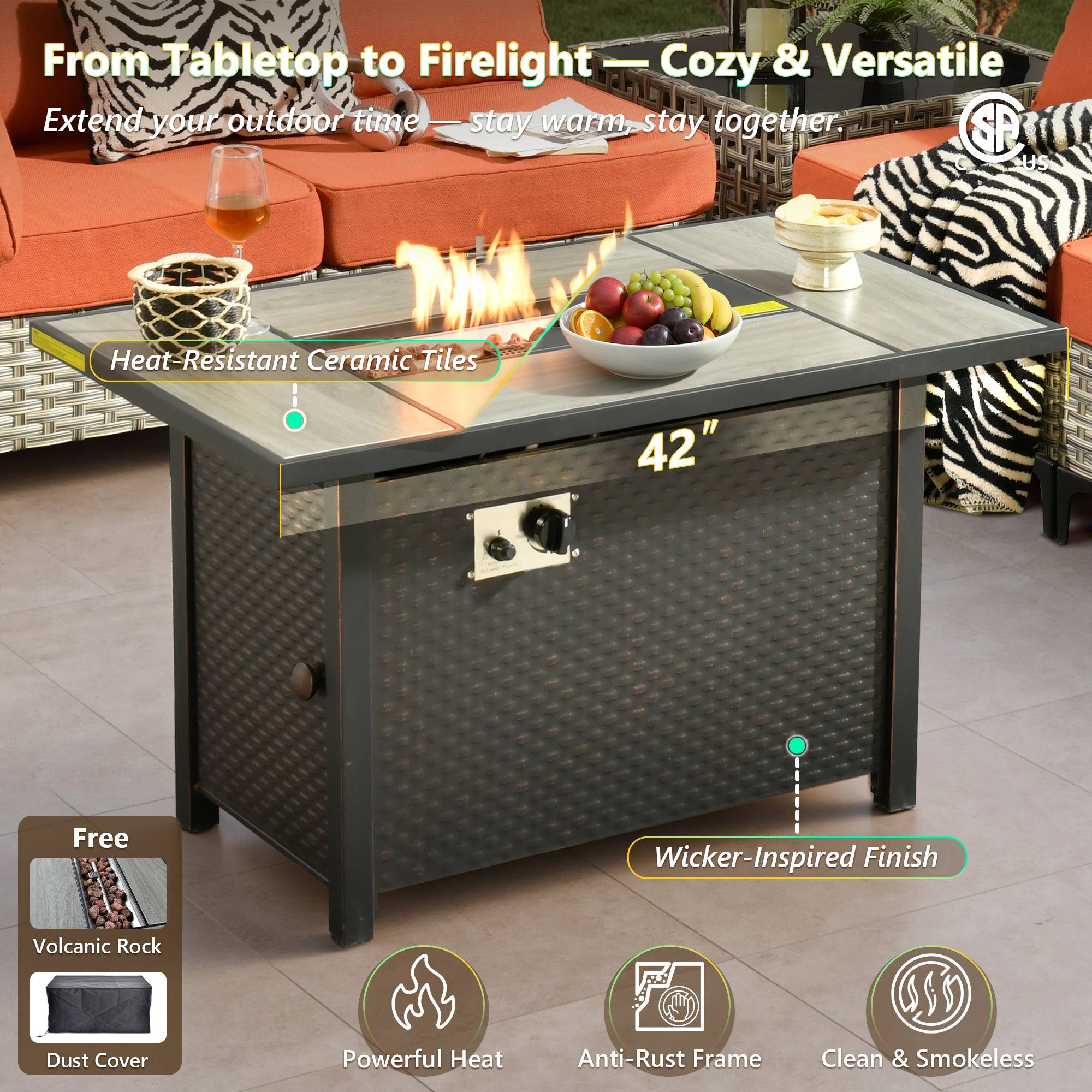 OVIOS 42-inch wicker-inspired patio table: fire pit, ceramic tiles, cozy outdoor seating.