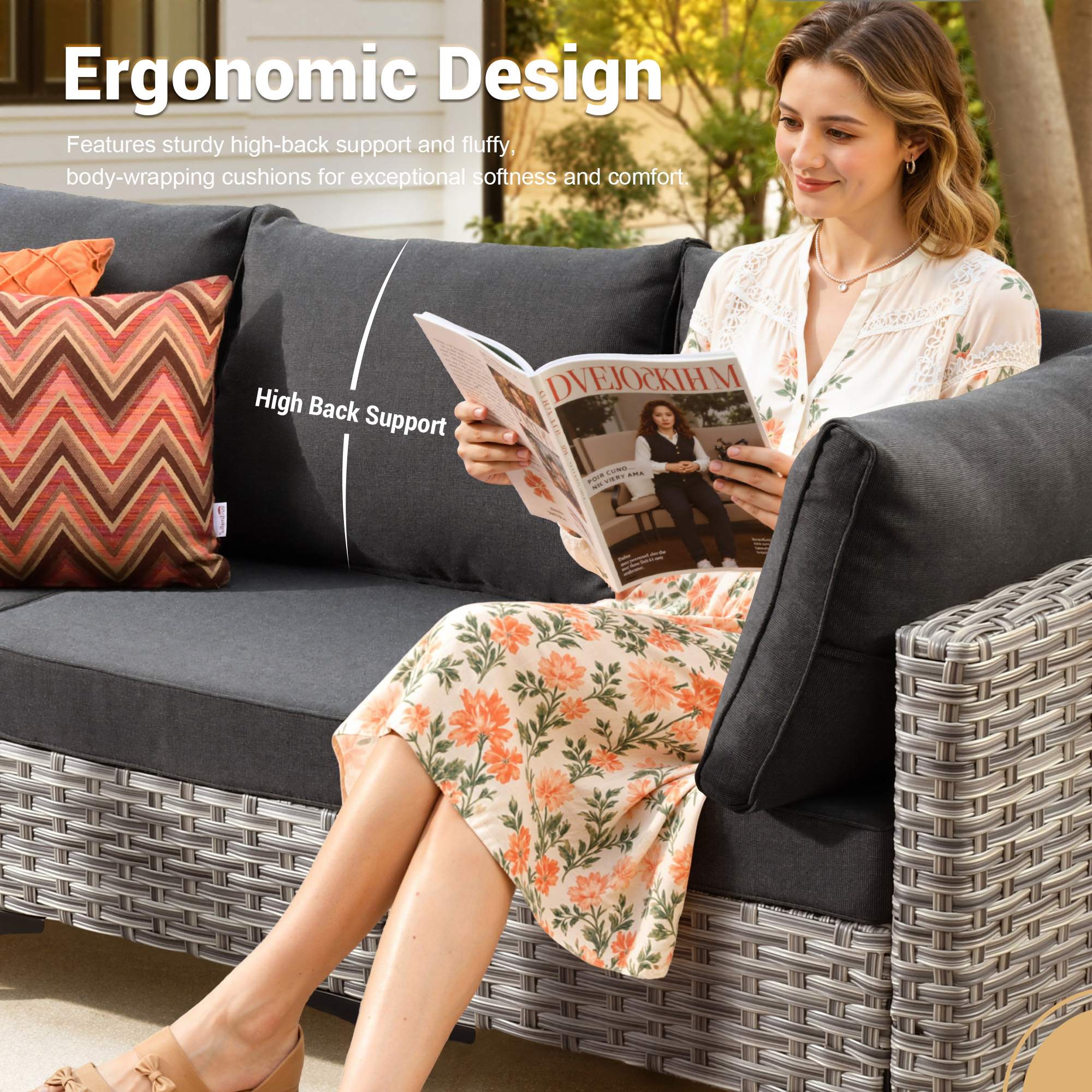 OVIOS Wicker Patio Conversation Set with Fire Pit Table & Glowing Coffee Table