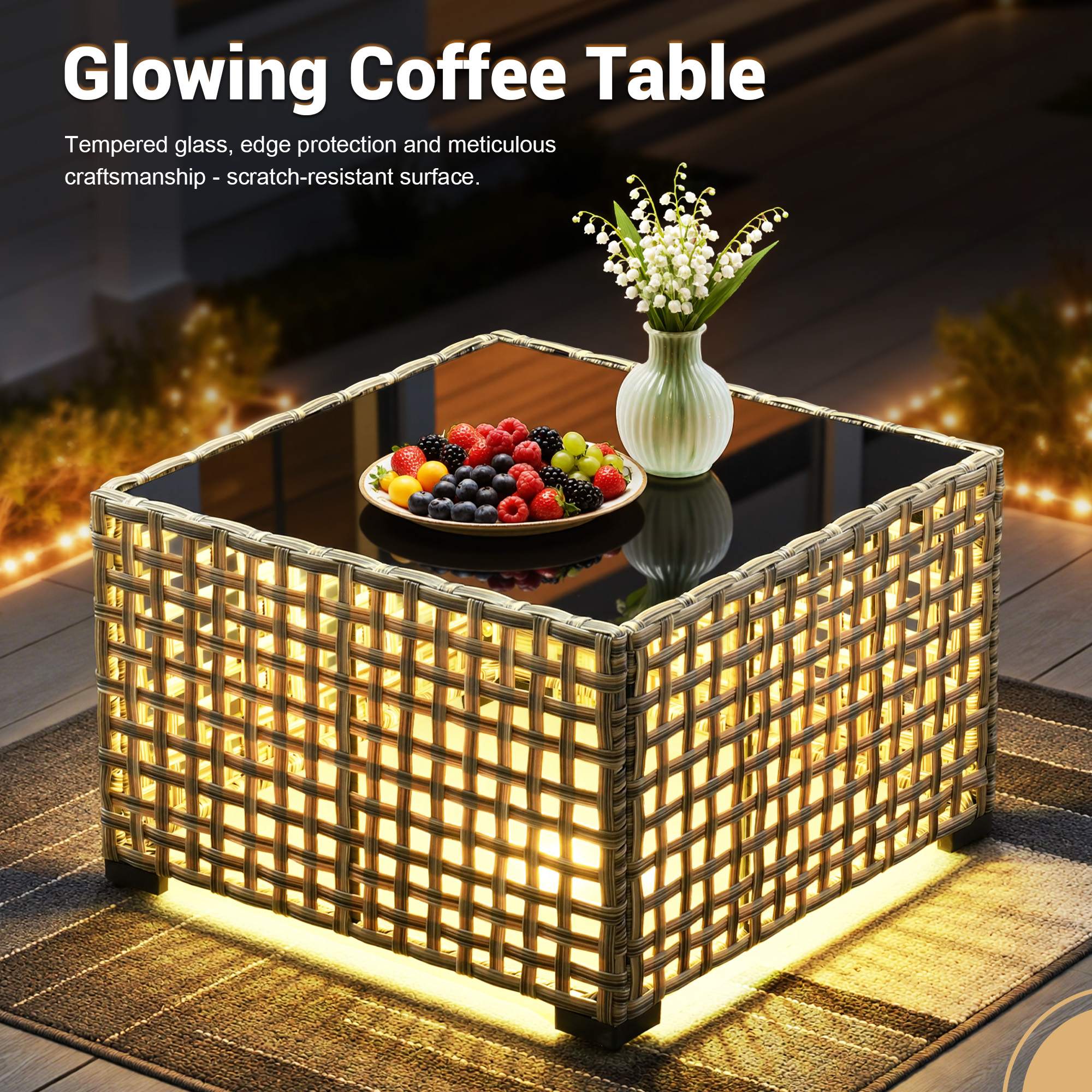 OVIOS Wicker Patio Conversation Set with Fire Pit Table & Glowing Coffee Table