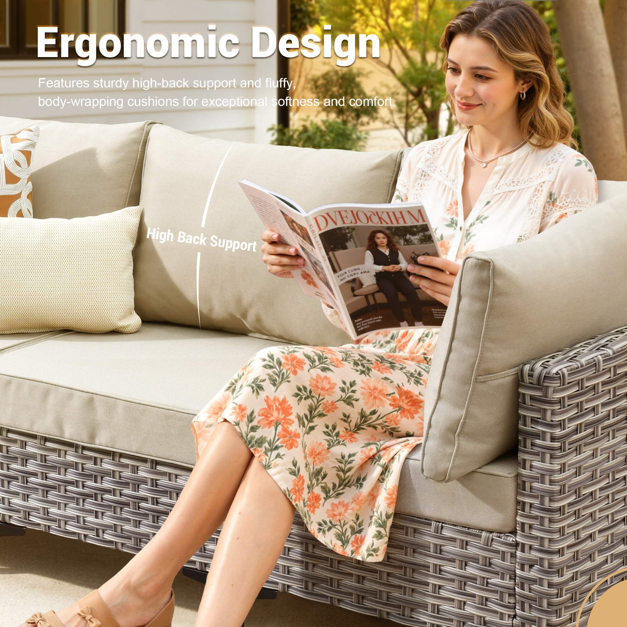 OVIOS modular gray wicker patio sofa with ergonomic high back support and plush cushions.