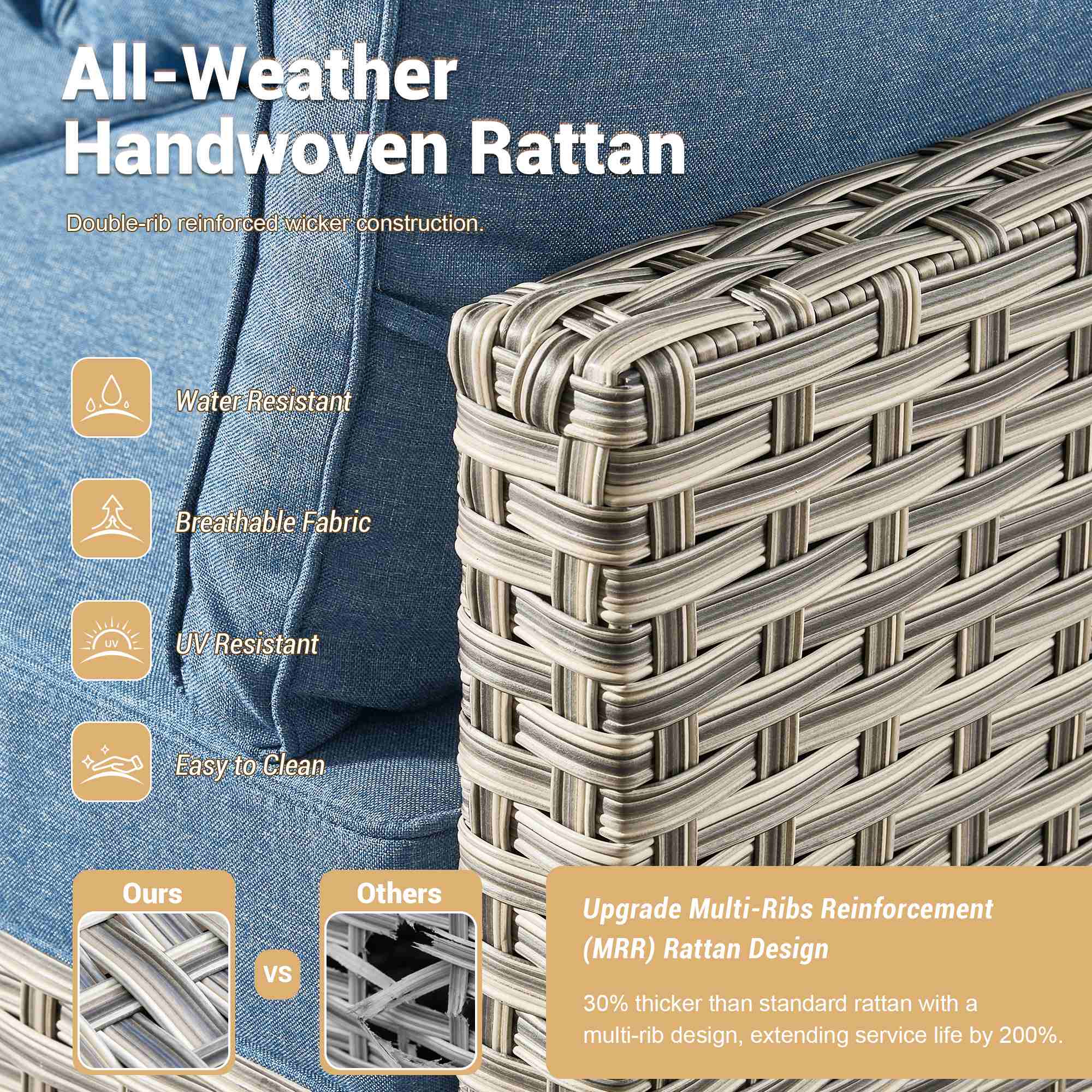 OVIOS Wicker Patio Sectional Conversation Set with Glowing Coffee Table & Single Chairs