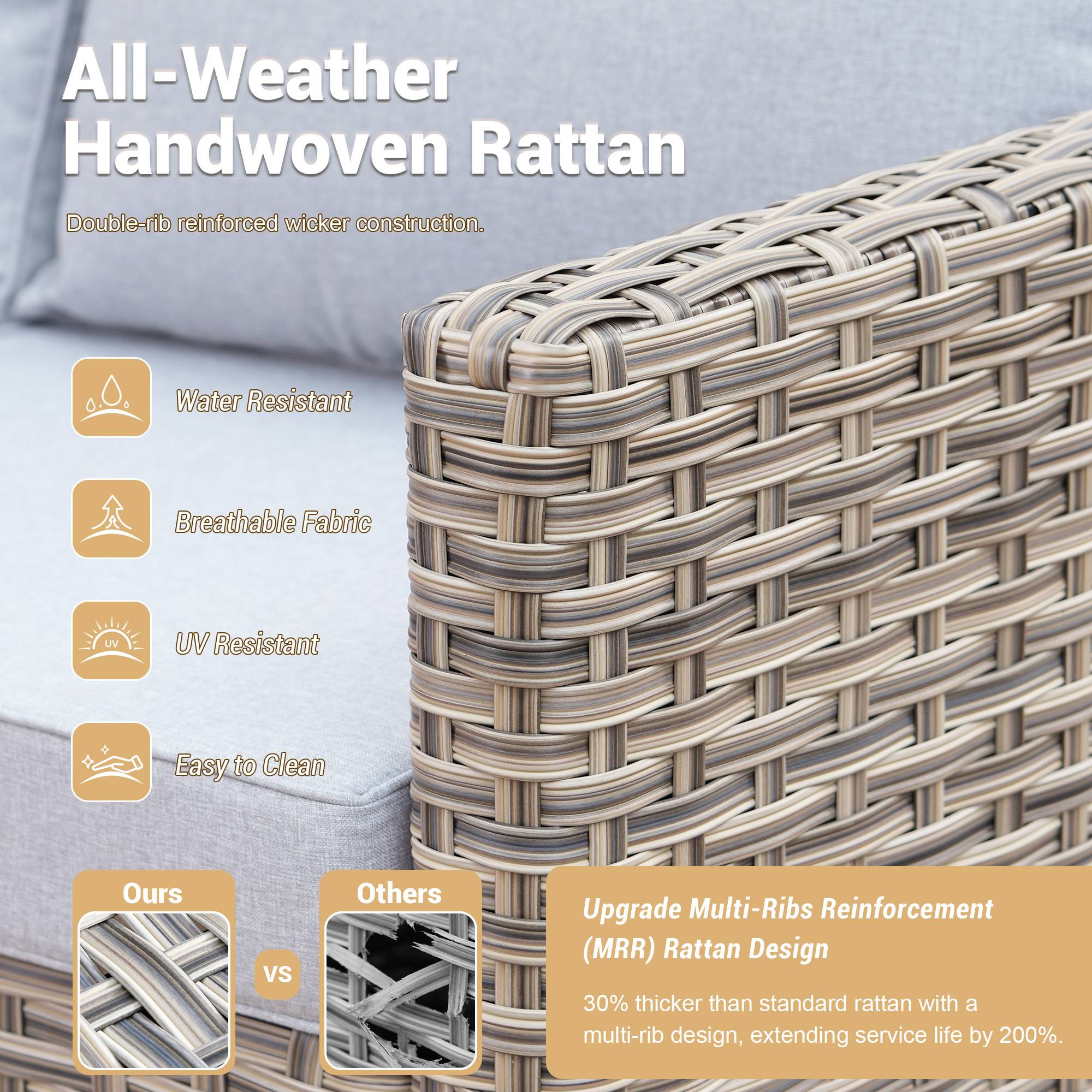 OVIOS Wicker Patio Sectional Conversation Set with Glowing Coffee Table & Single Chairs