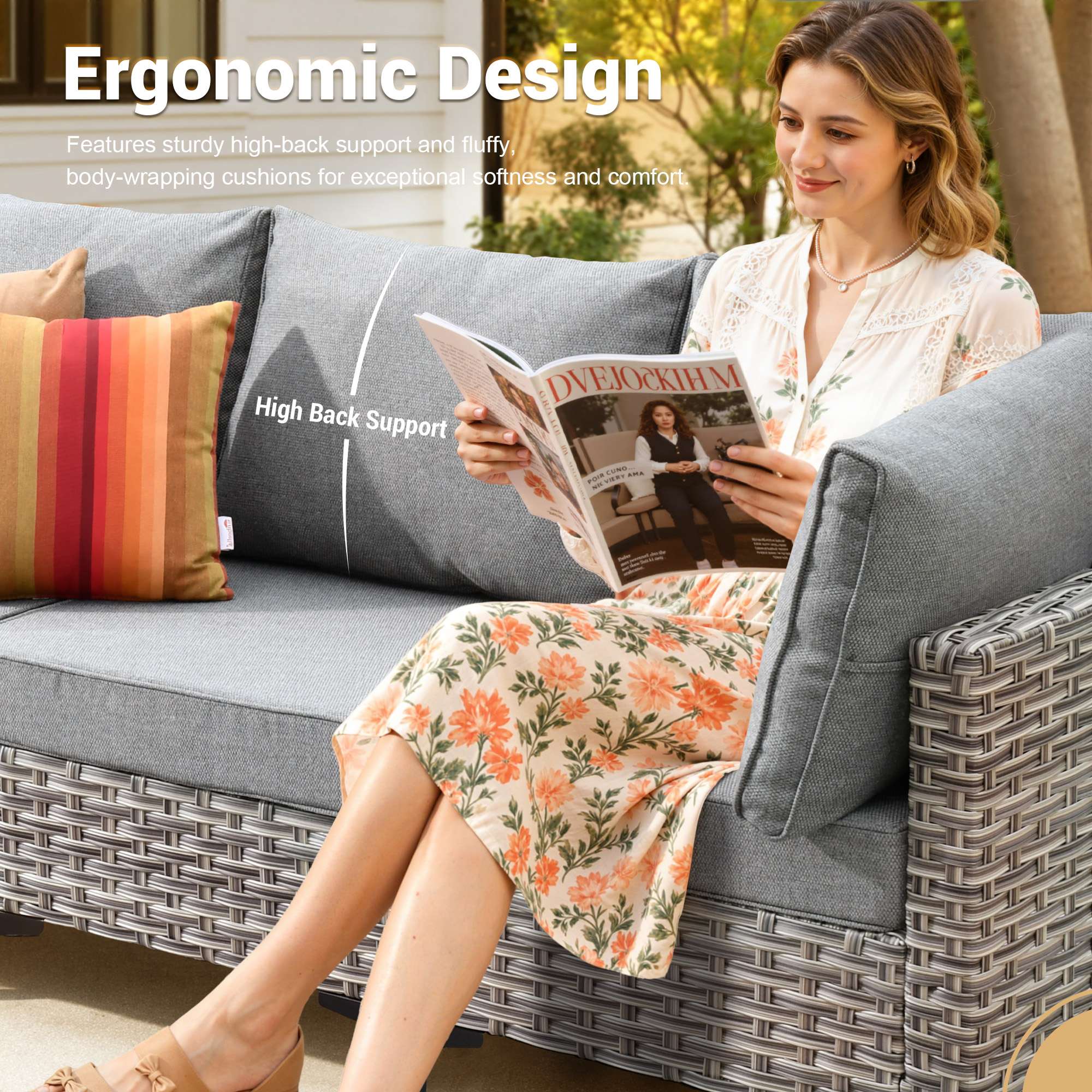 OVIOS Wicker Patio Sectional Conversation Set with Glowing Coffee Table & Single Chairs