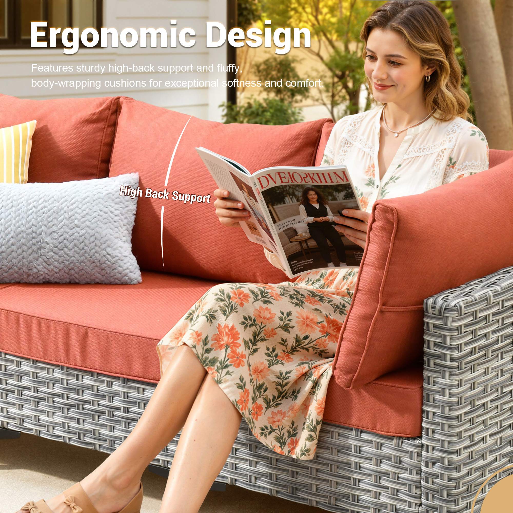 OVIOS Wicker Patio Sectional Conversation Set with Glowing Coffee Table & Single Chairs