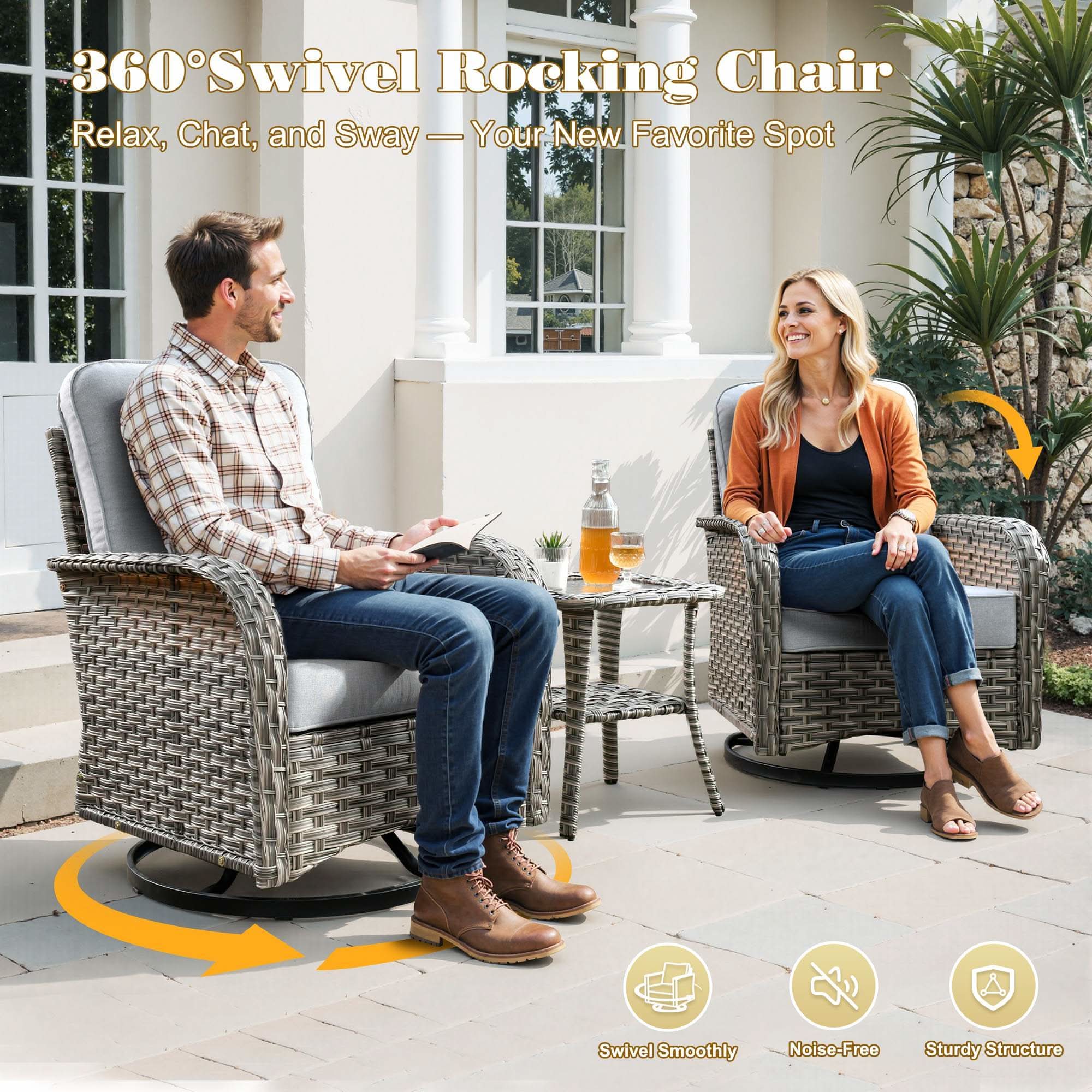 OVIOS Wicker Patio Conversation Set with Fire Pit Table for Backyard & Deck