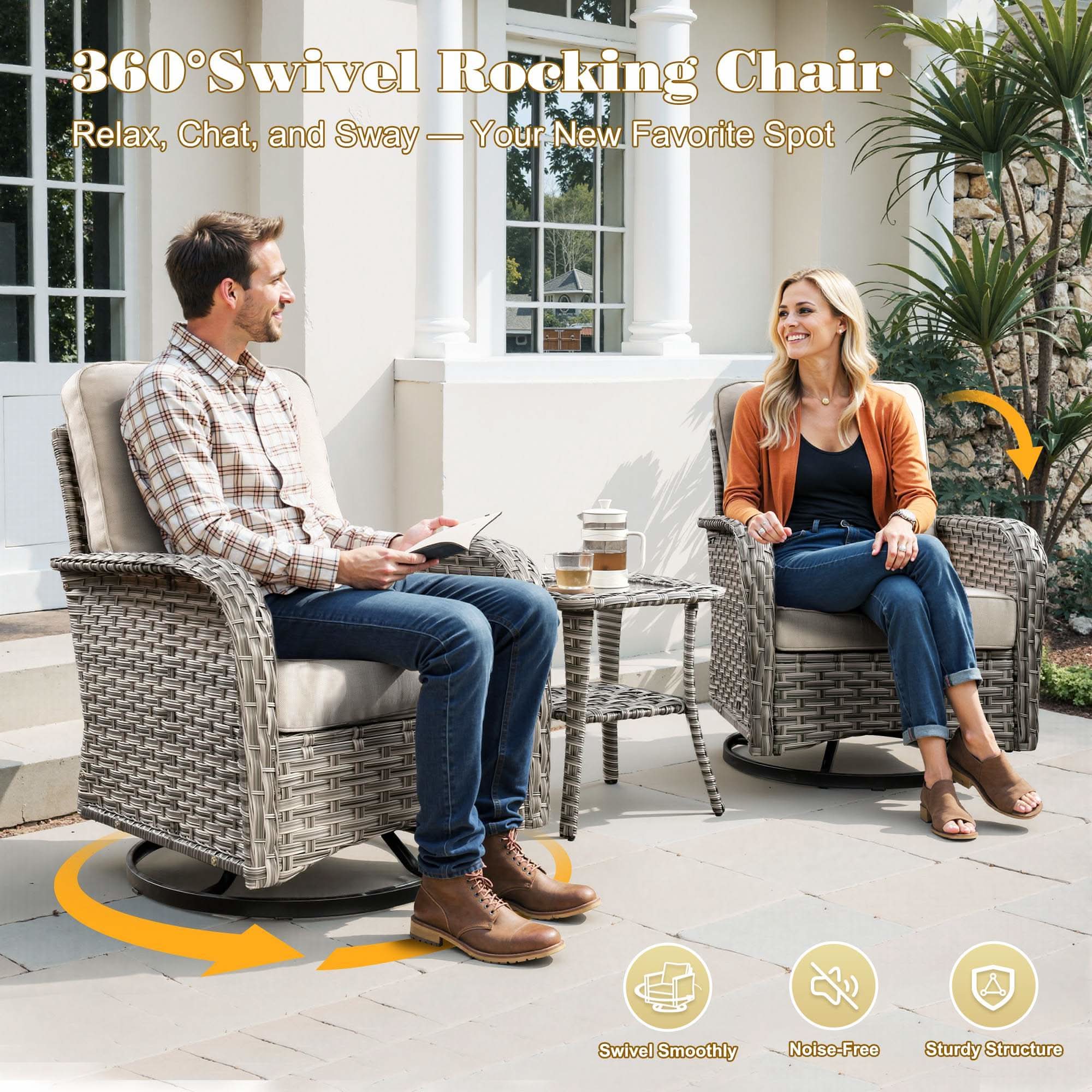 OVIOS Wicker Patio Conversation Set with Fire Pit Table for Backyard & Deck