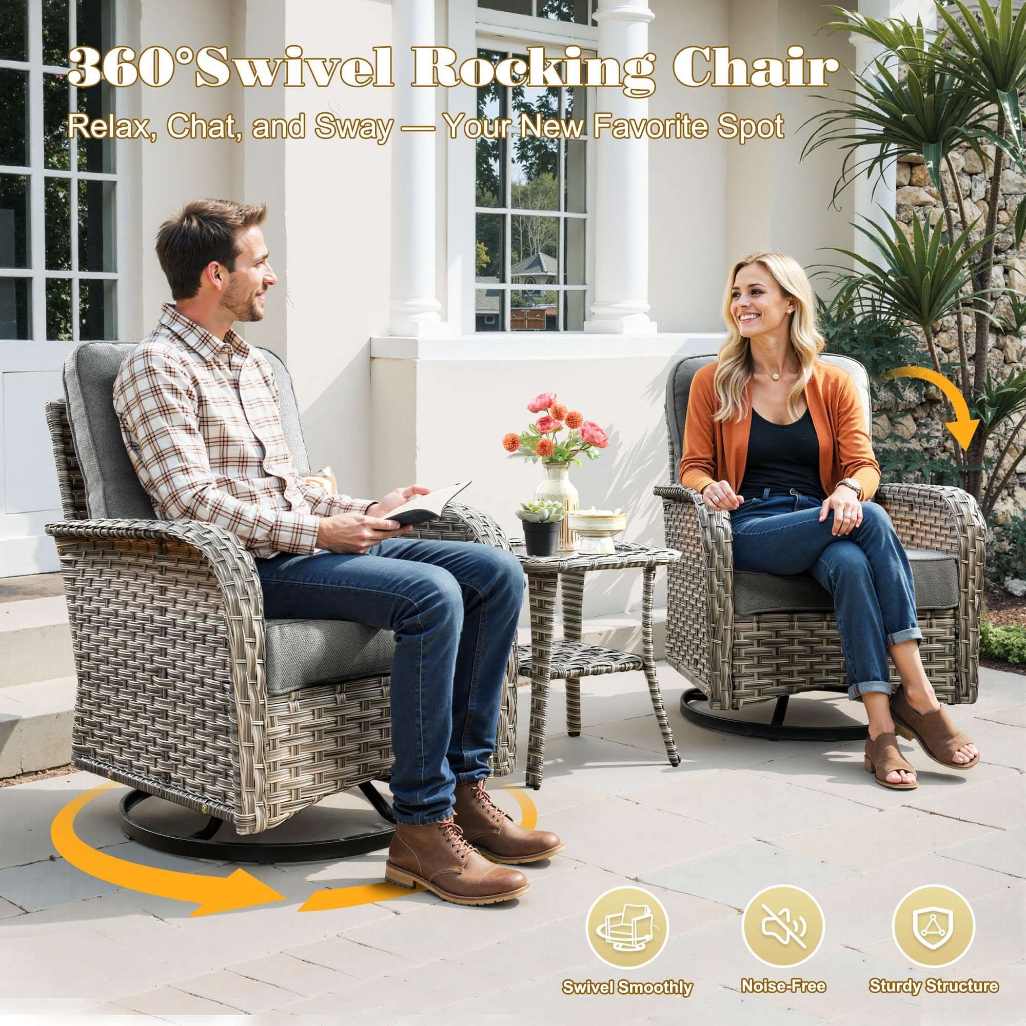 OVIOS Wicker Patio Conversation Set with Fire Pit Table for Backyard & Deck