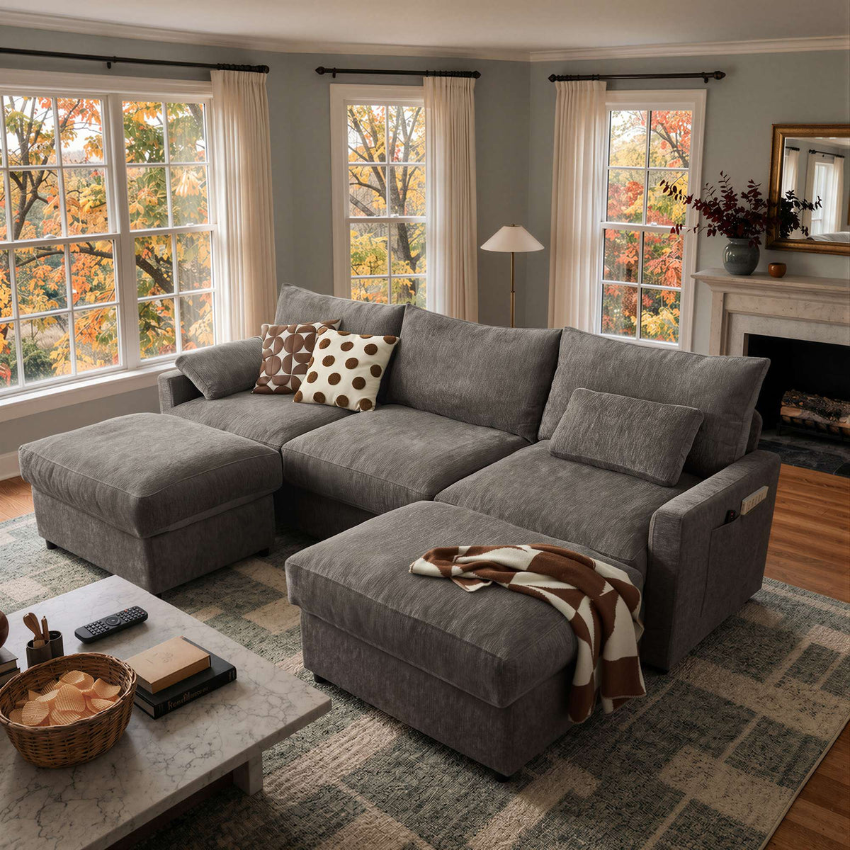 OVIOS 110" U-Shaped Sectional Sofa with 2 Movable Ottomans