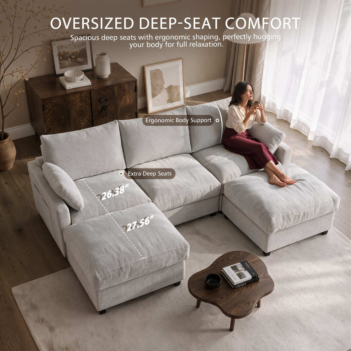 OVIOS 110" U-Shaped Sectional Sofa with 2 Movable Ottomans