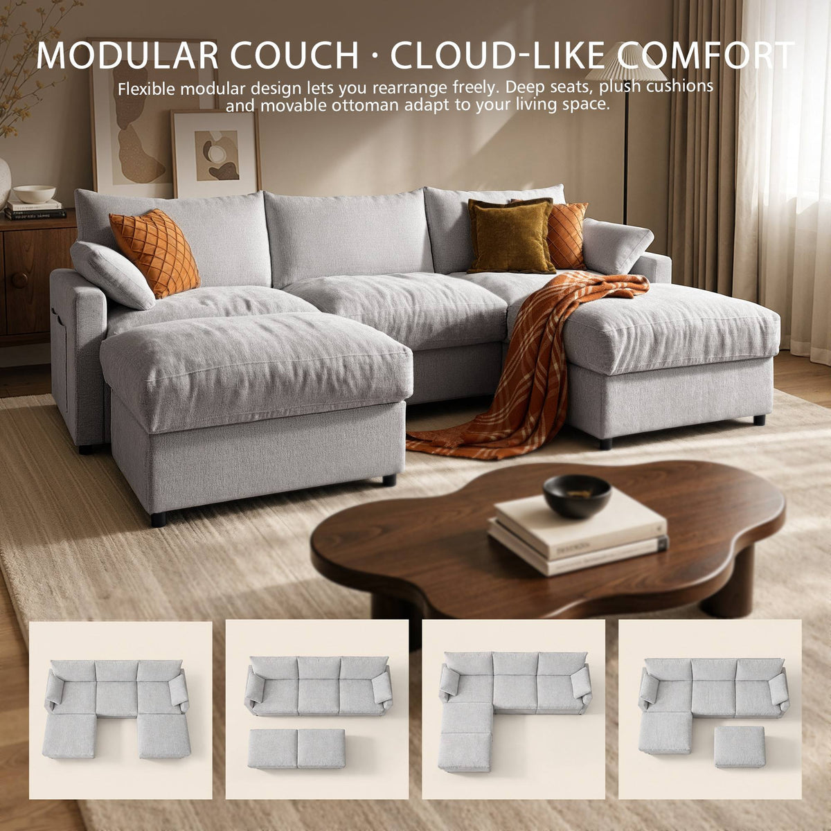 OVIOS 110" U-Shaped Sectional Sofa with 2 Movable Ottomans