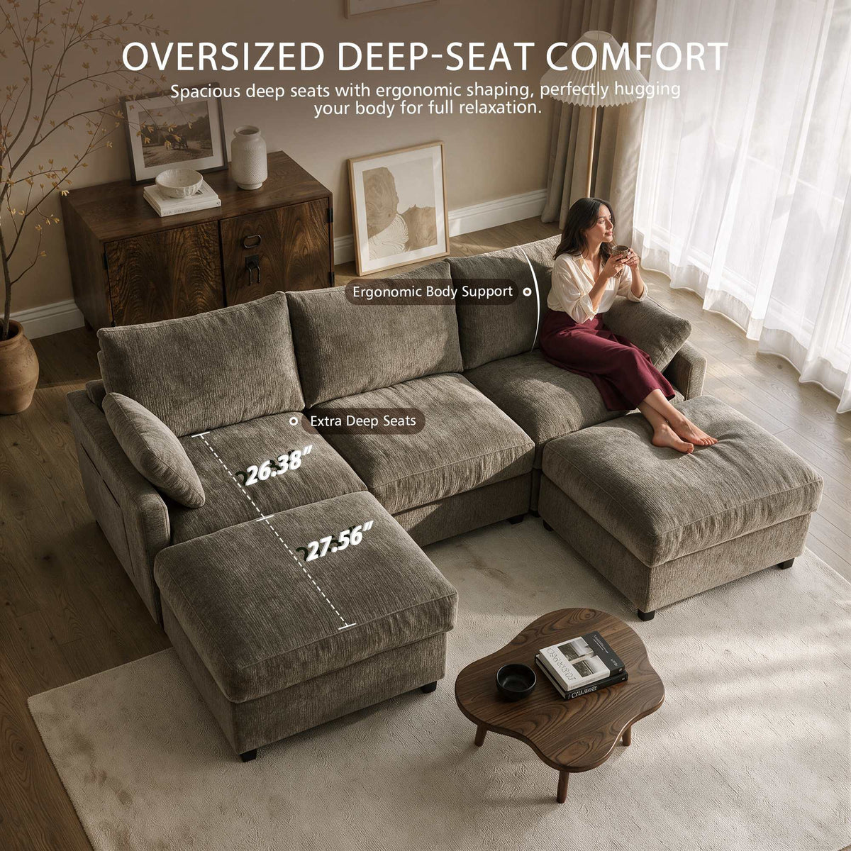 OVIOS 110" U-Shaped Sectional Sofa with 2 Movable Ottomans