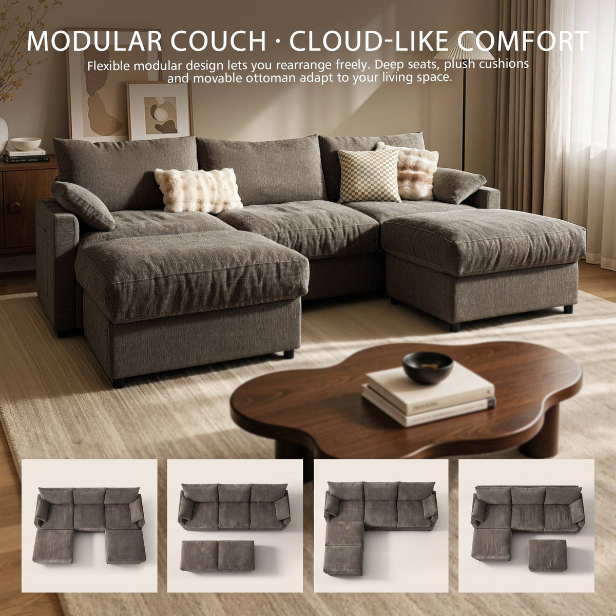 OVIOS 110" U-Shaped Sectional Sofa with 2 Movable Ottomans