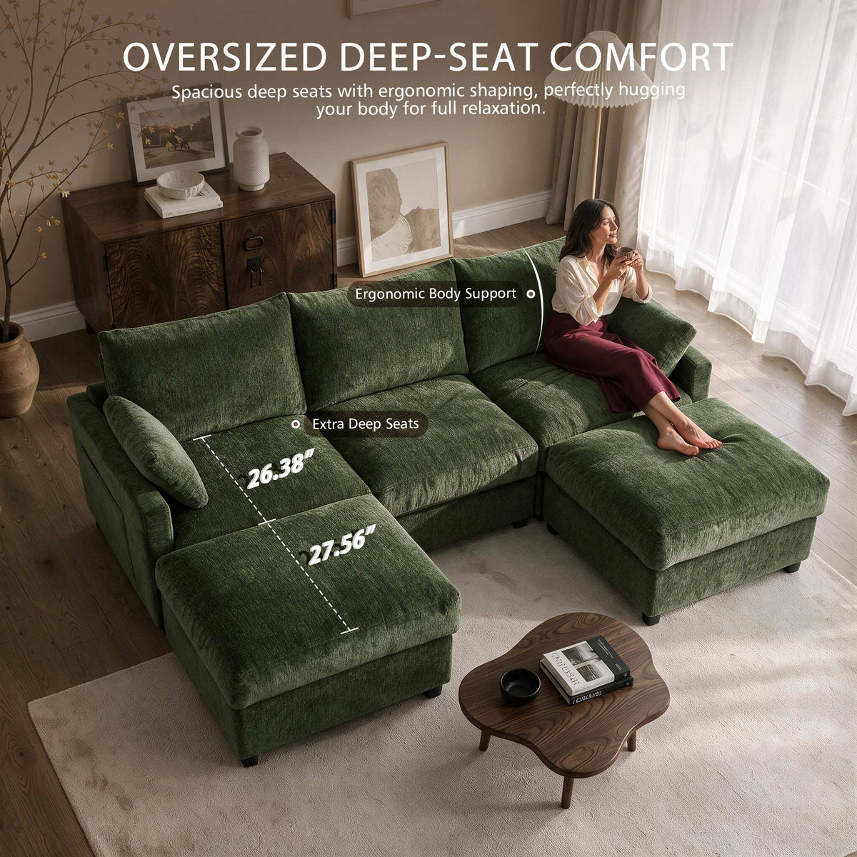 OVIOS 110" U-Shaped Sectional Sofa with 2 Movable Ottomans