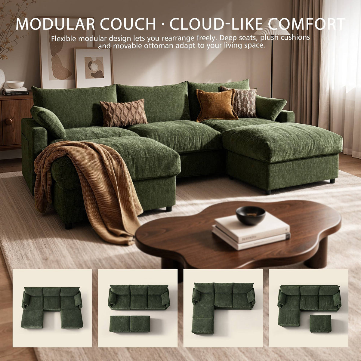 OVIOS 110" U-Shaped Sectional Sofa with 2 Movable Ottomans