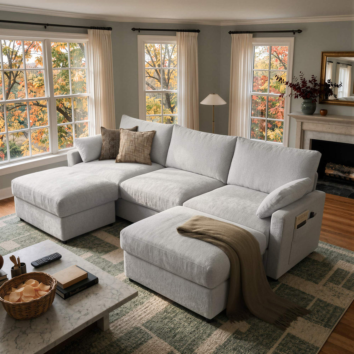 OVIOS 110" U-Shaped Sectional Sofa with 2 Movable Ottomans
