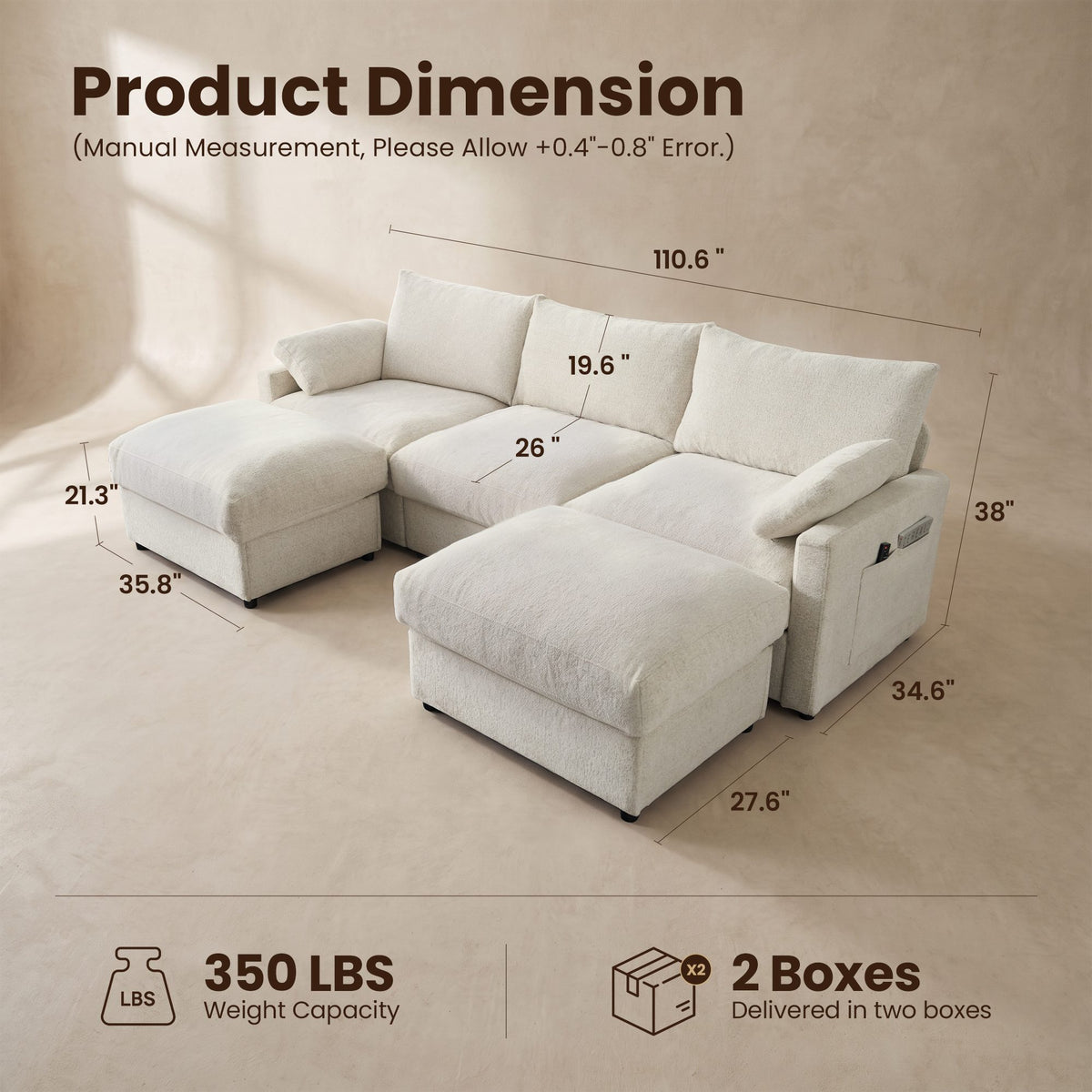 OVIOS 110" U-Shaped Sectional Sofa with 2 Movable Ottomans