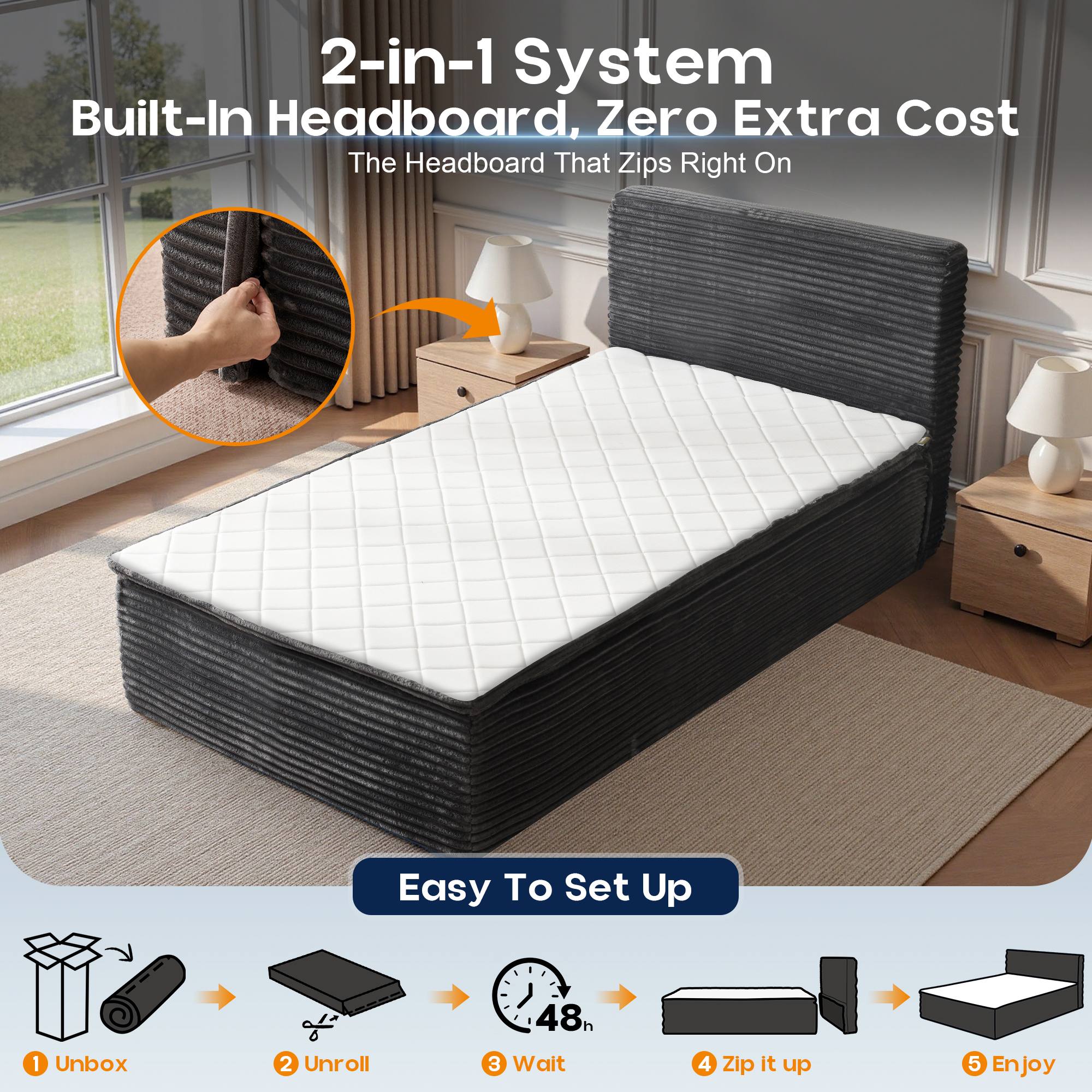 OVIOS Upholstered Bed, No Assembly & Space-Saving for Small Spaces