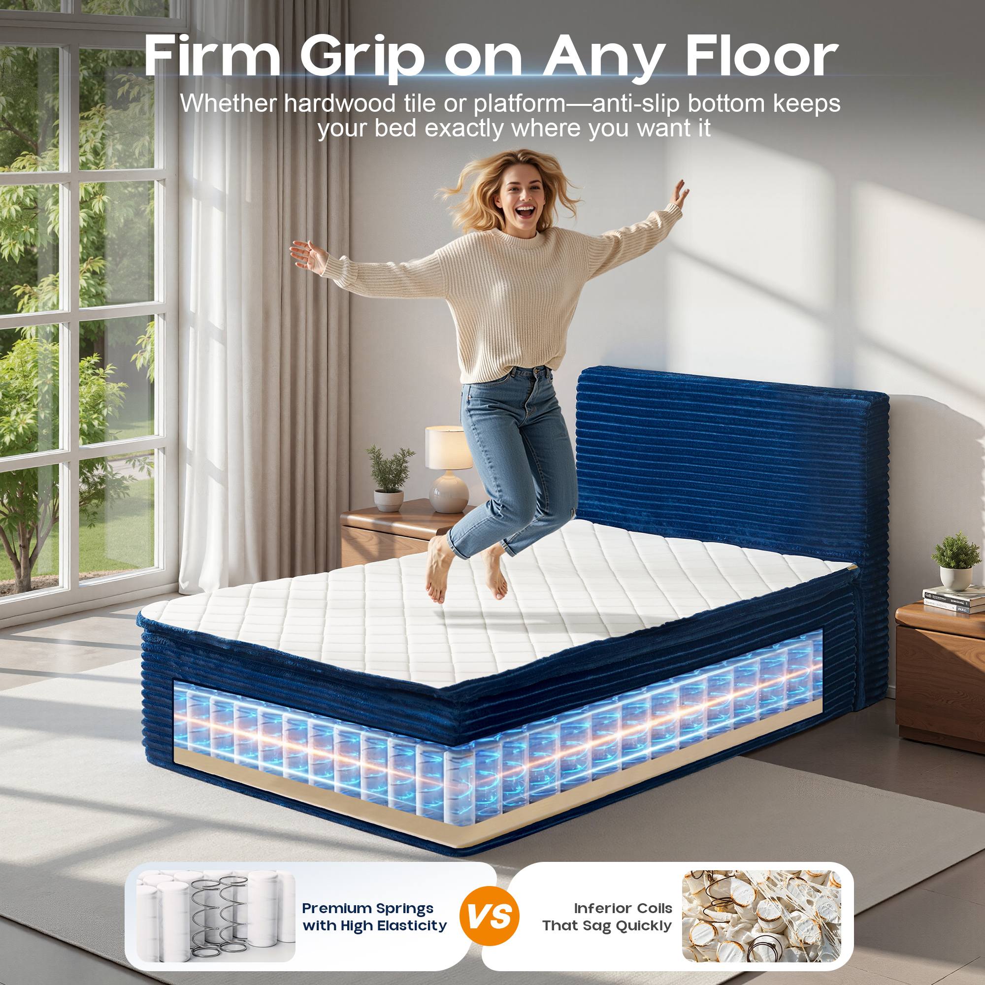 OVIOS Upholstered Bed, No Assembly & Space-Saving for Small Spaces